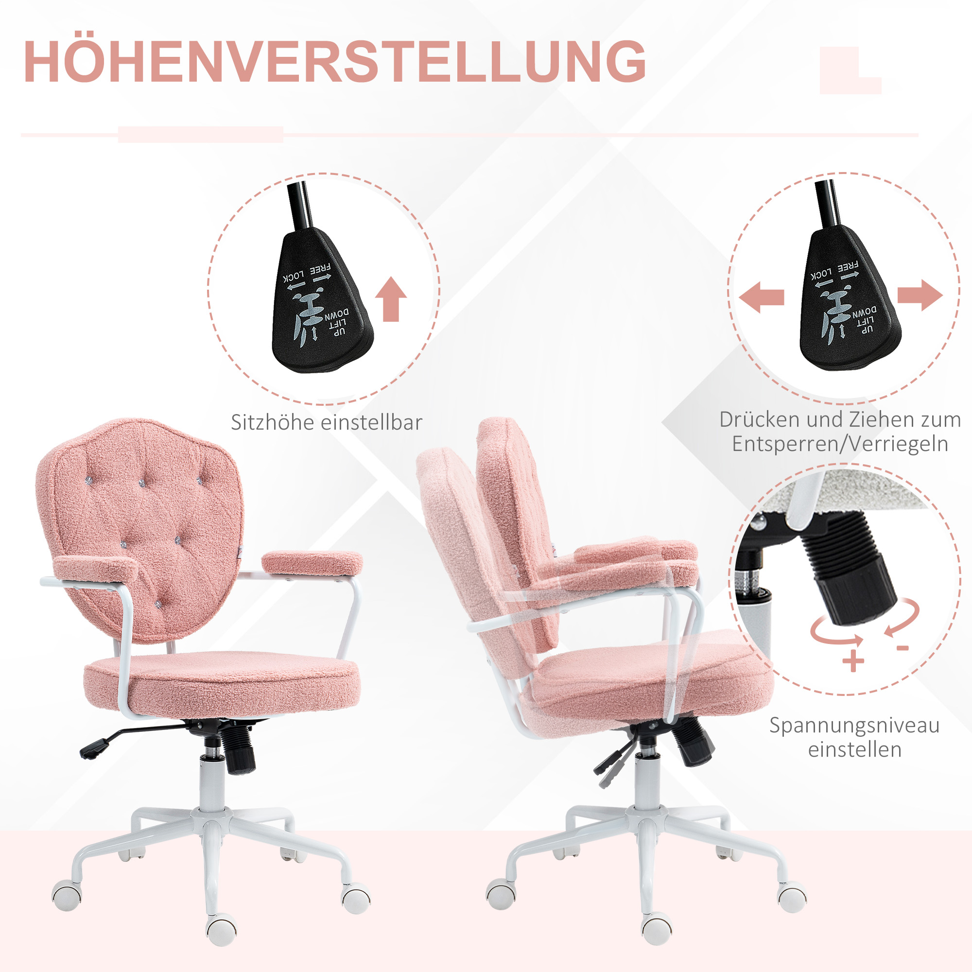 Schöner Bürostuhl mit geknöpftem, weichem Bezug, höhenverstellbar, Rosa