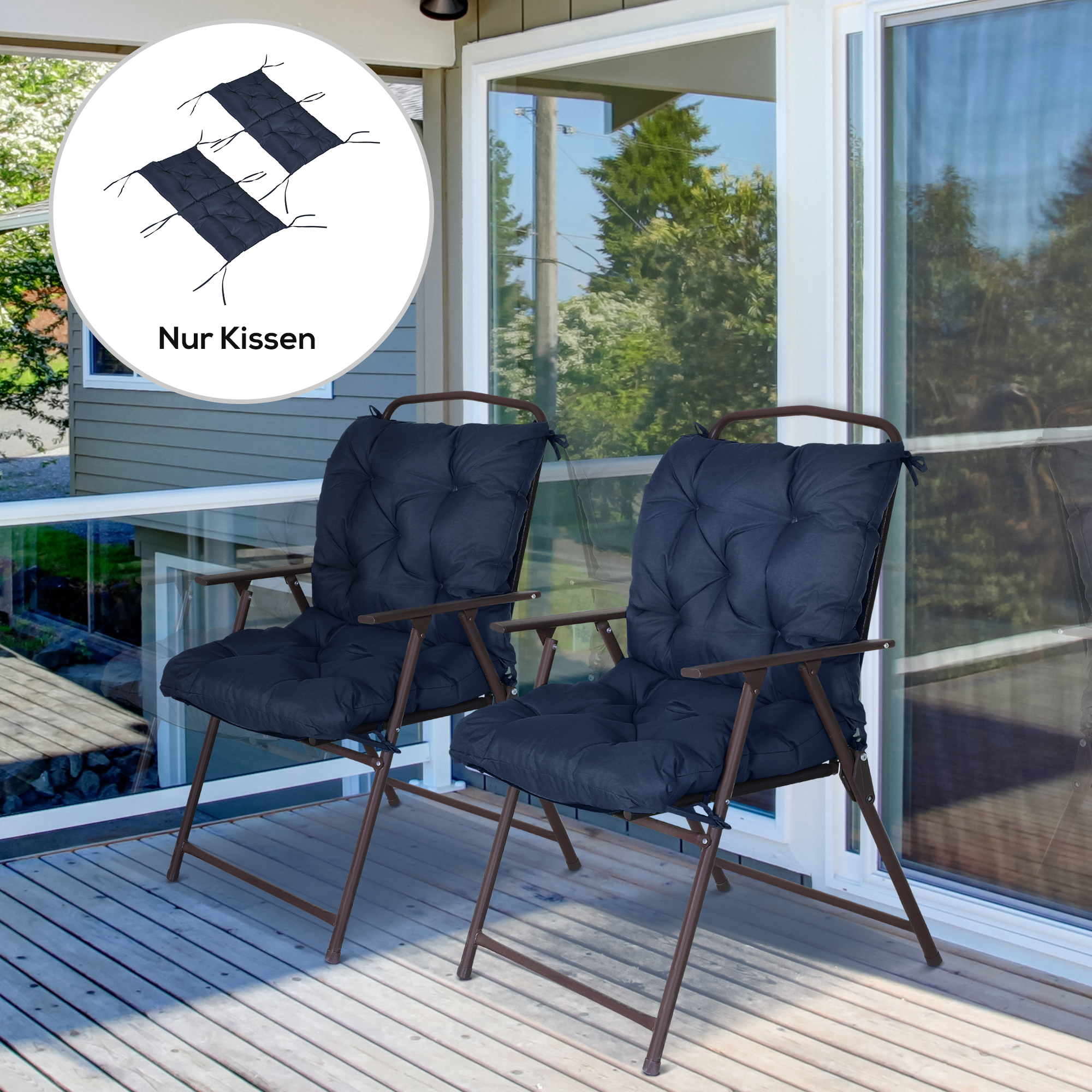 2er-Set Sitzkissen, 98 x 50 cm Stuhlkissen mit Bindebänder, Stoffbezug, 8cm dick Dunkelblau
