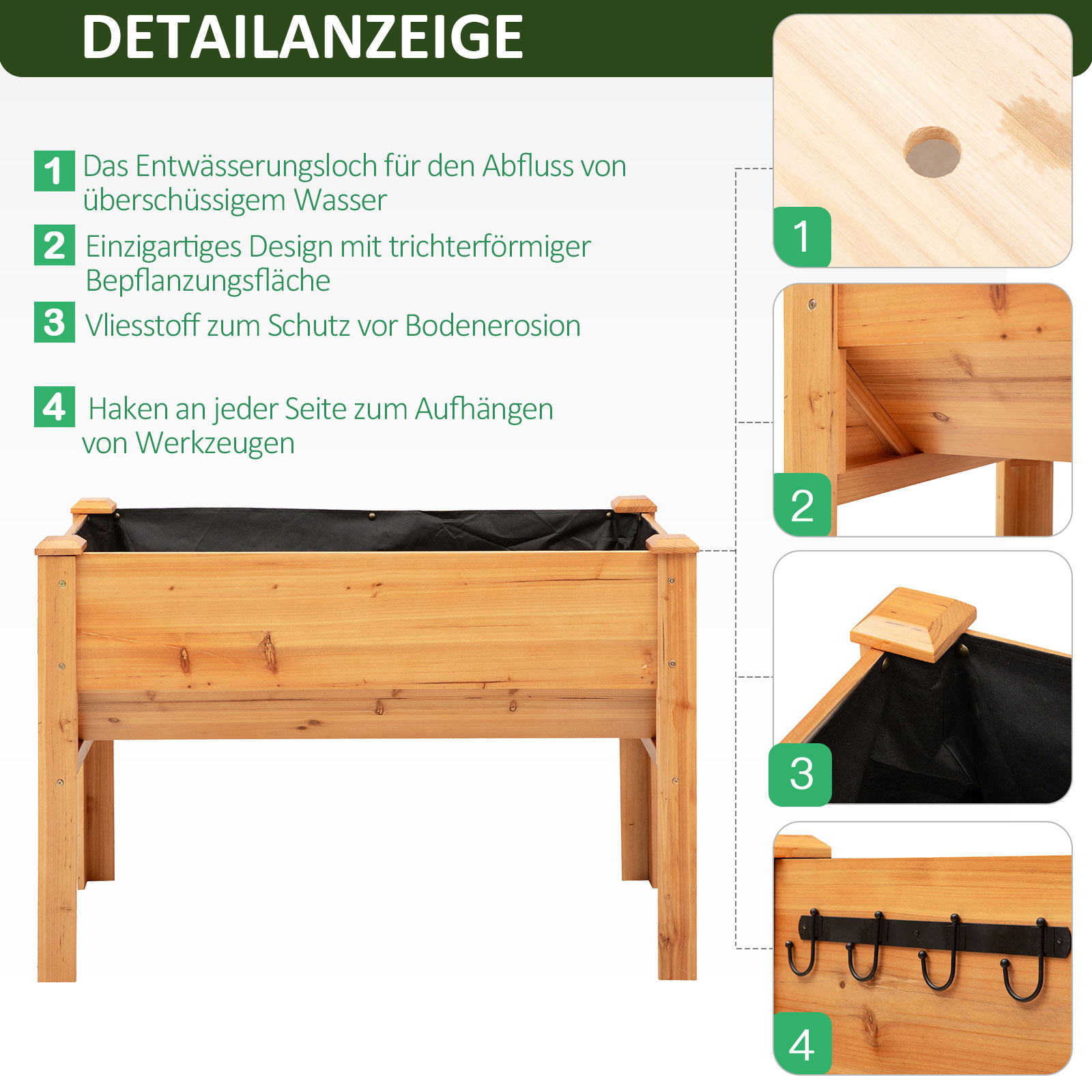 Hochbeet aus Holz Kräuterbeet Pflanzkasten mit Abflussloch Haken Blumenkasten mit Füßen Massivholz Natur 120 x 60 x 81 cm