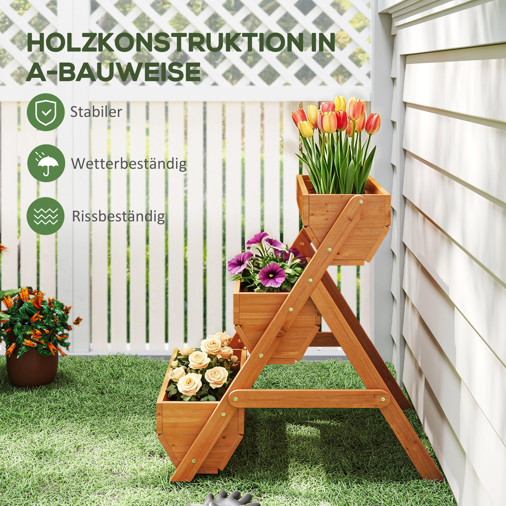 Vertikales Hochbeet mit 3 Etagen Vertikalbeet aus Holz Blumenkasten mit 3 Pflanzkästen Ablauflöchern Braun