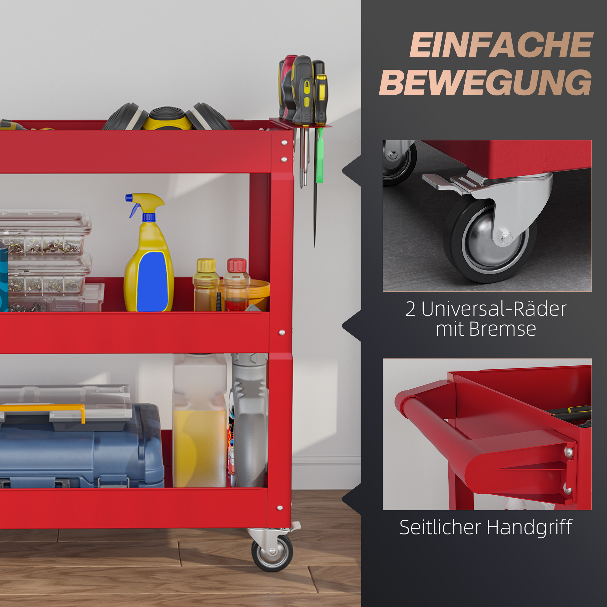 3-stufiger Werkzeugwagen, 4 Rollen, Stahl, 83B x 35,3T x 76H cm, Rot