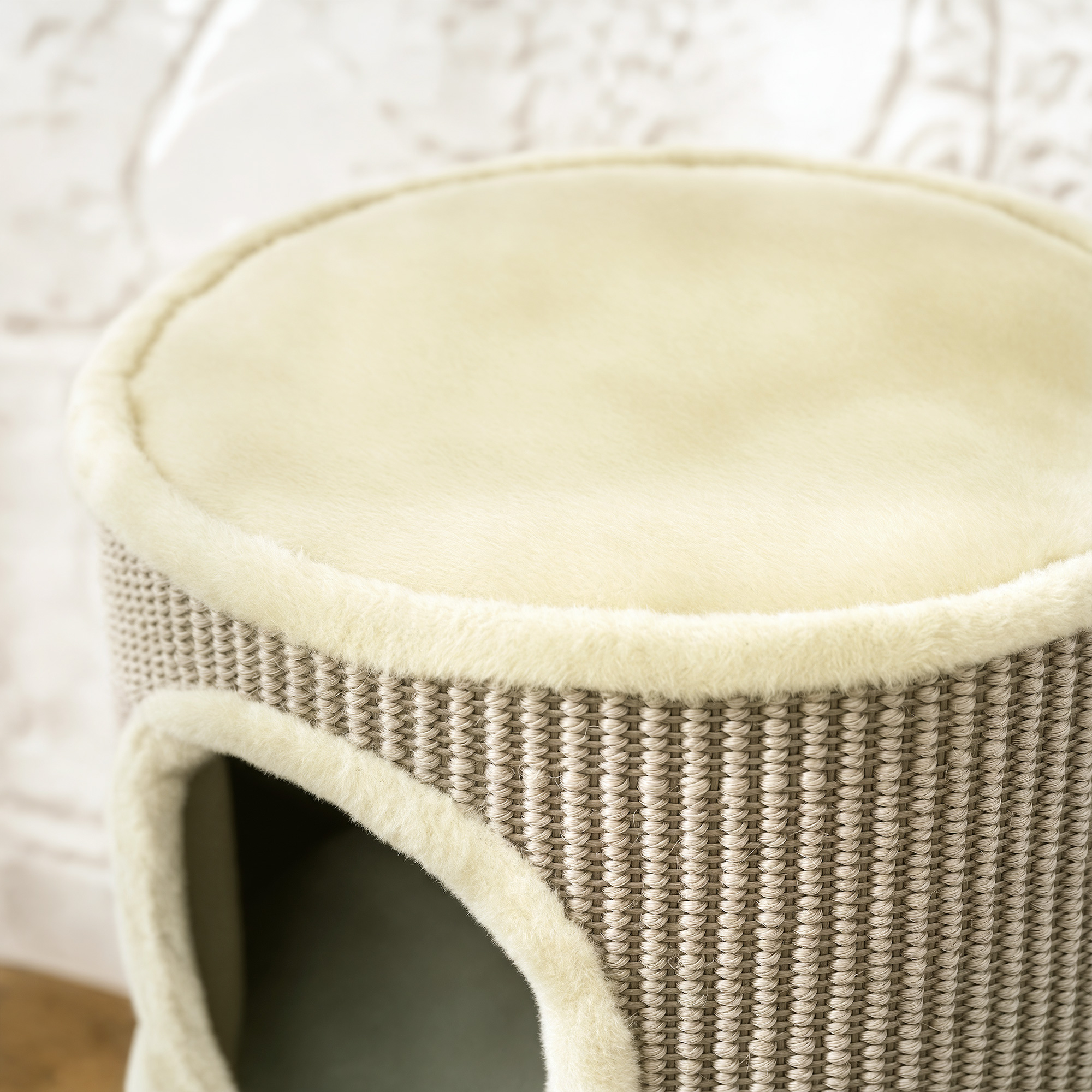 Kratztonne, 49 cm hoch, Ø35,5 cm zweistöckige Katzentonne mit Plüschrand Kratzmatte, 2 Höhle Khaki+Kaffee