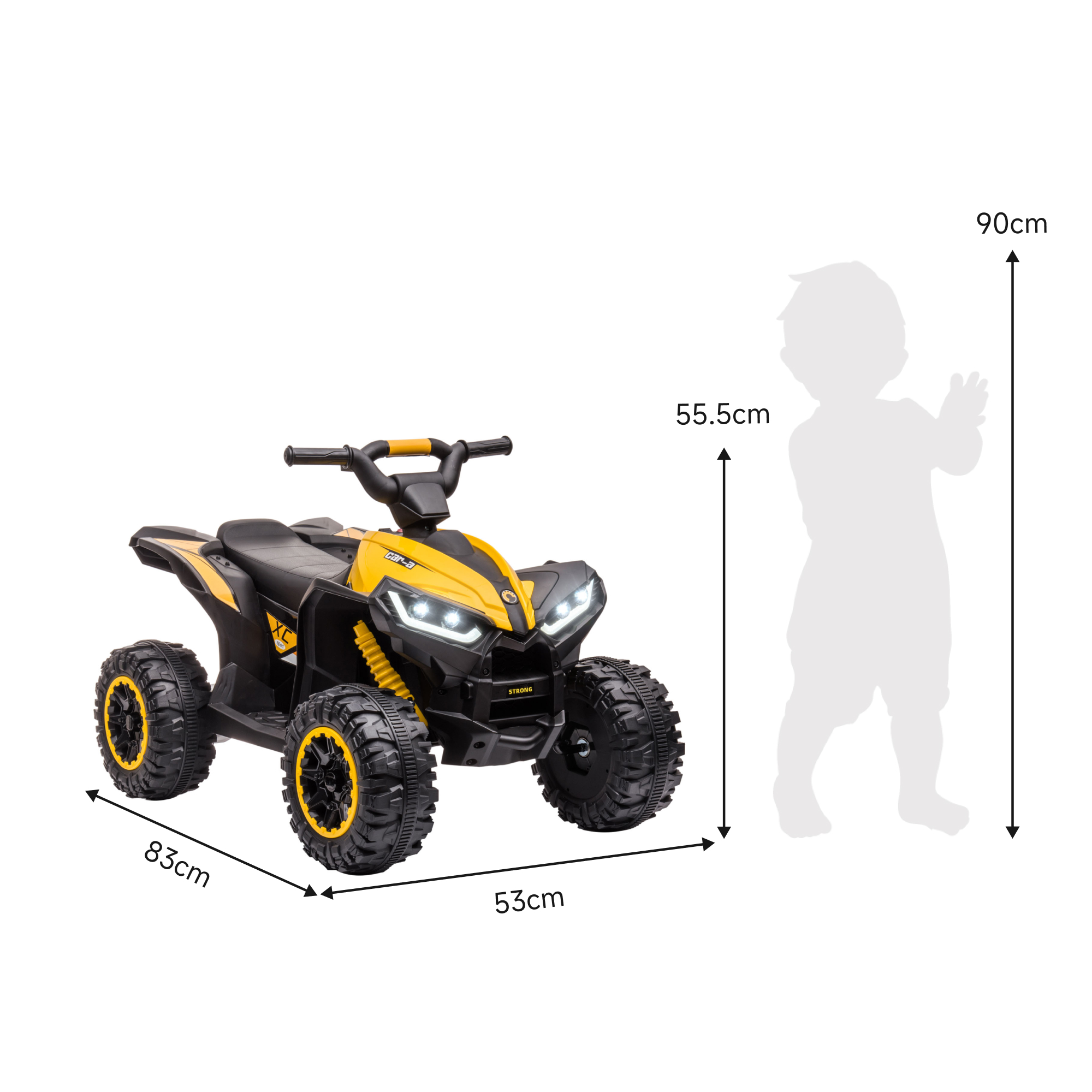 Kinderquad, LED-Scheinwerfer, MP3-Player, Stoßdämpfer, ergonomischer Sitz, Gelb+Schwarz