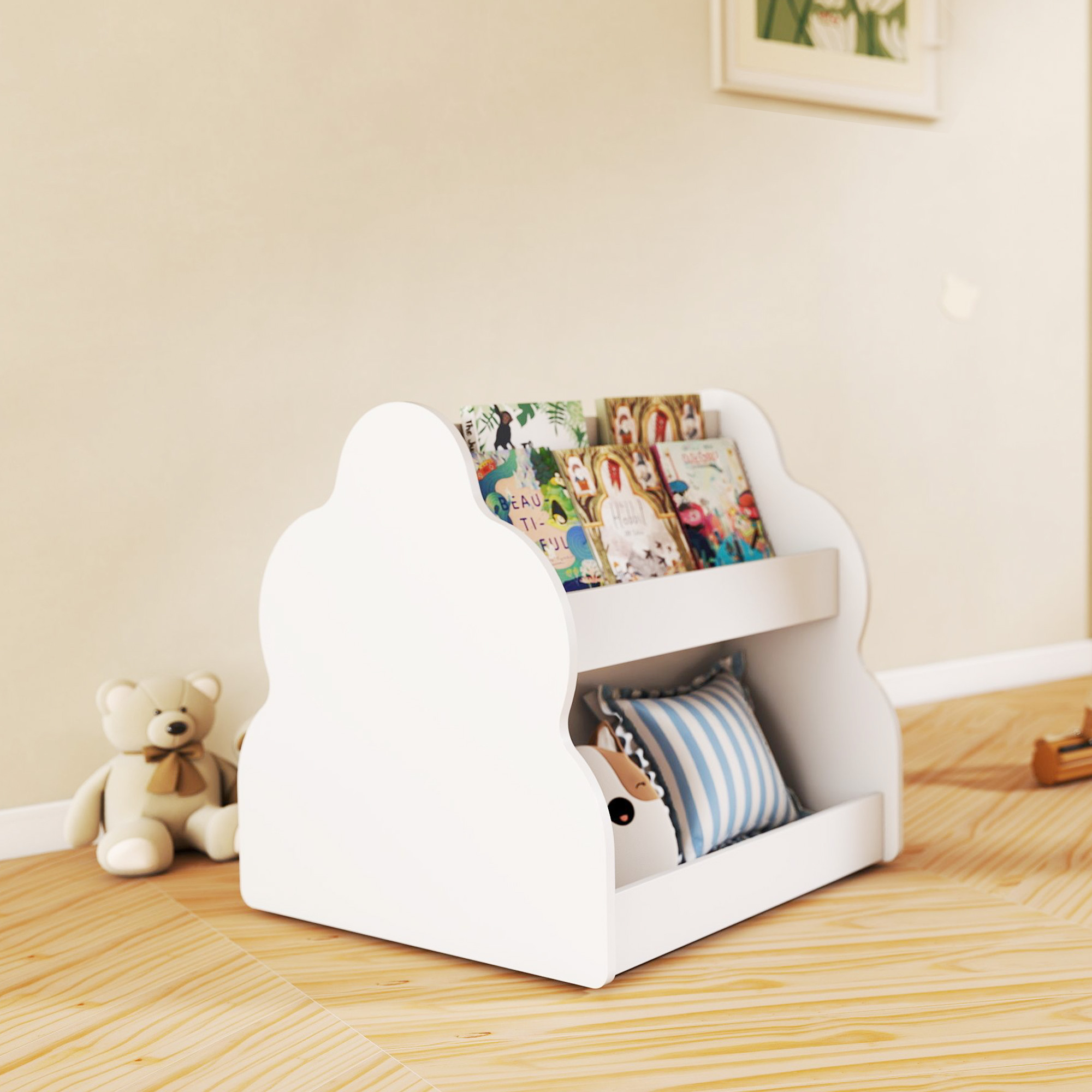 Kinderregal, 2-stöckiges Kinder-Bücherregal mit Rädern, 4 Regalen, für Kinderzimmer, Spielzimmer, 54x50x56 cm, Weiß