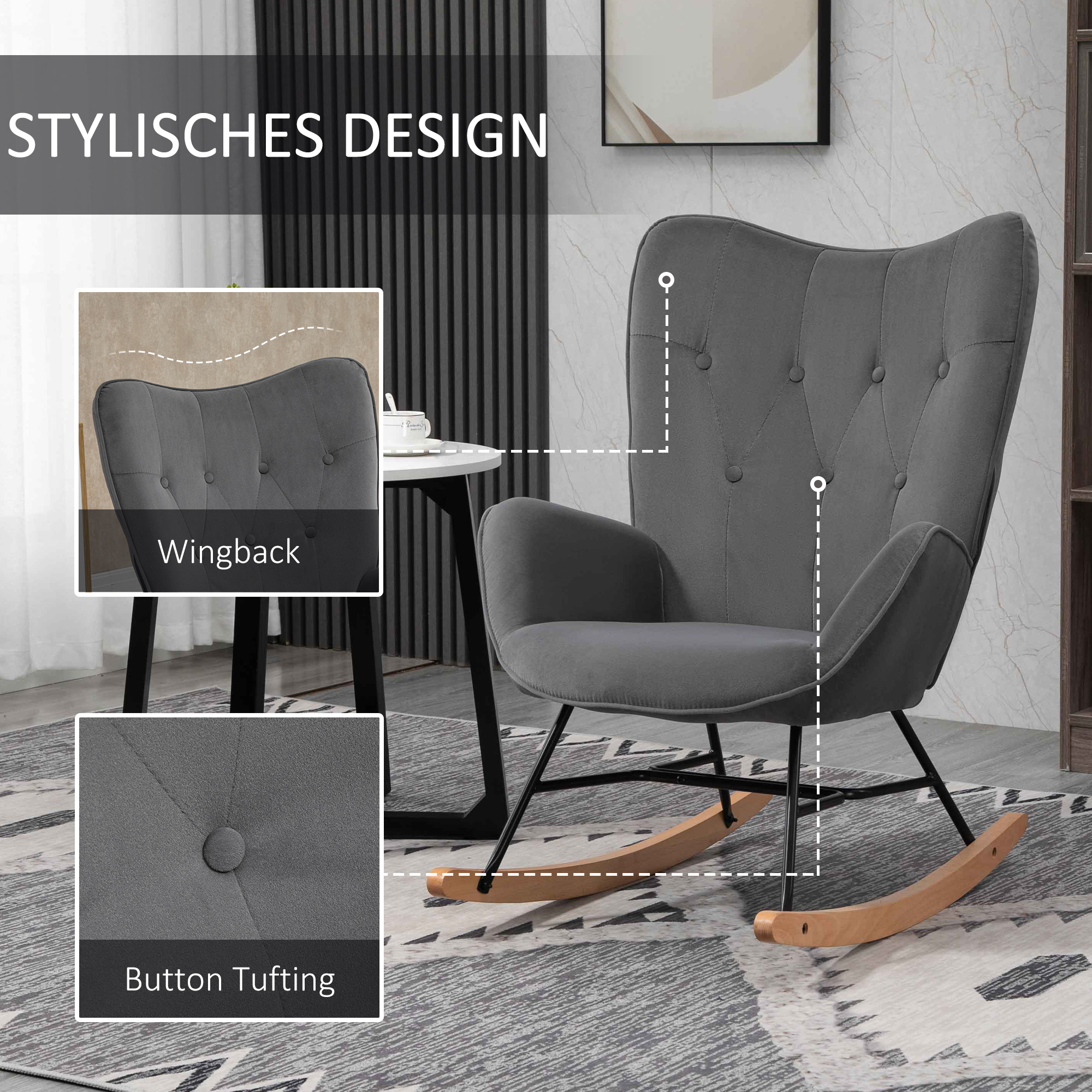 Schaukelstuhl mit Steppung, Holzkufen, Samtoptik, bis 150 kg, Dunkelgrau