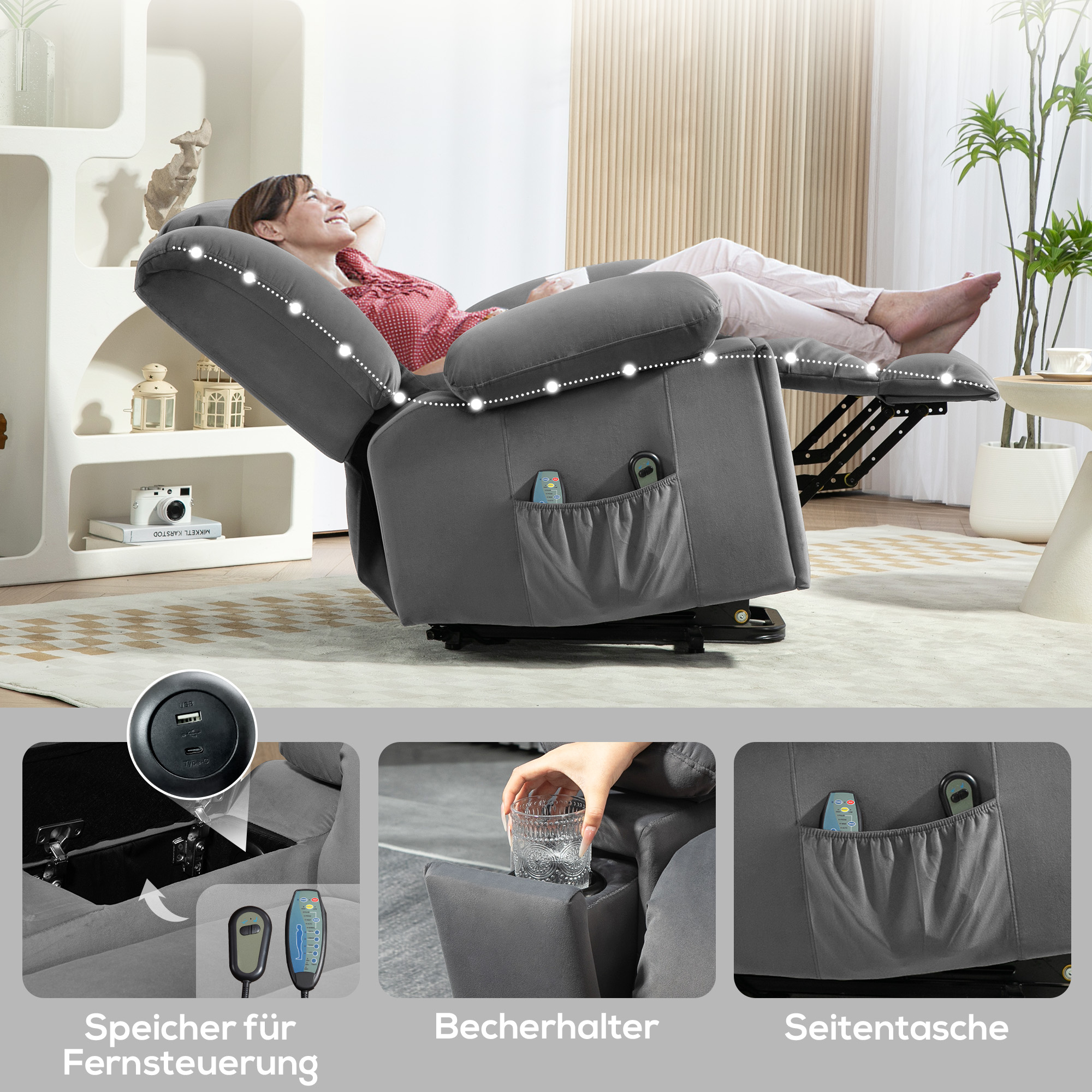 Elektrischer Aufsteh-Sessel, Weicher, samtartiger Stoff, USB-Anschlüsse