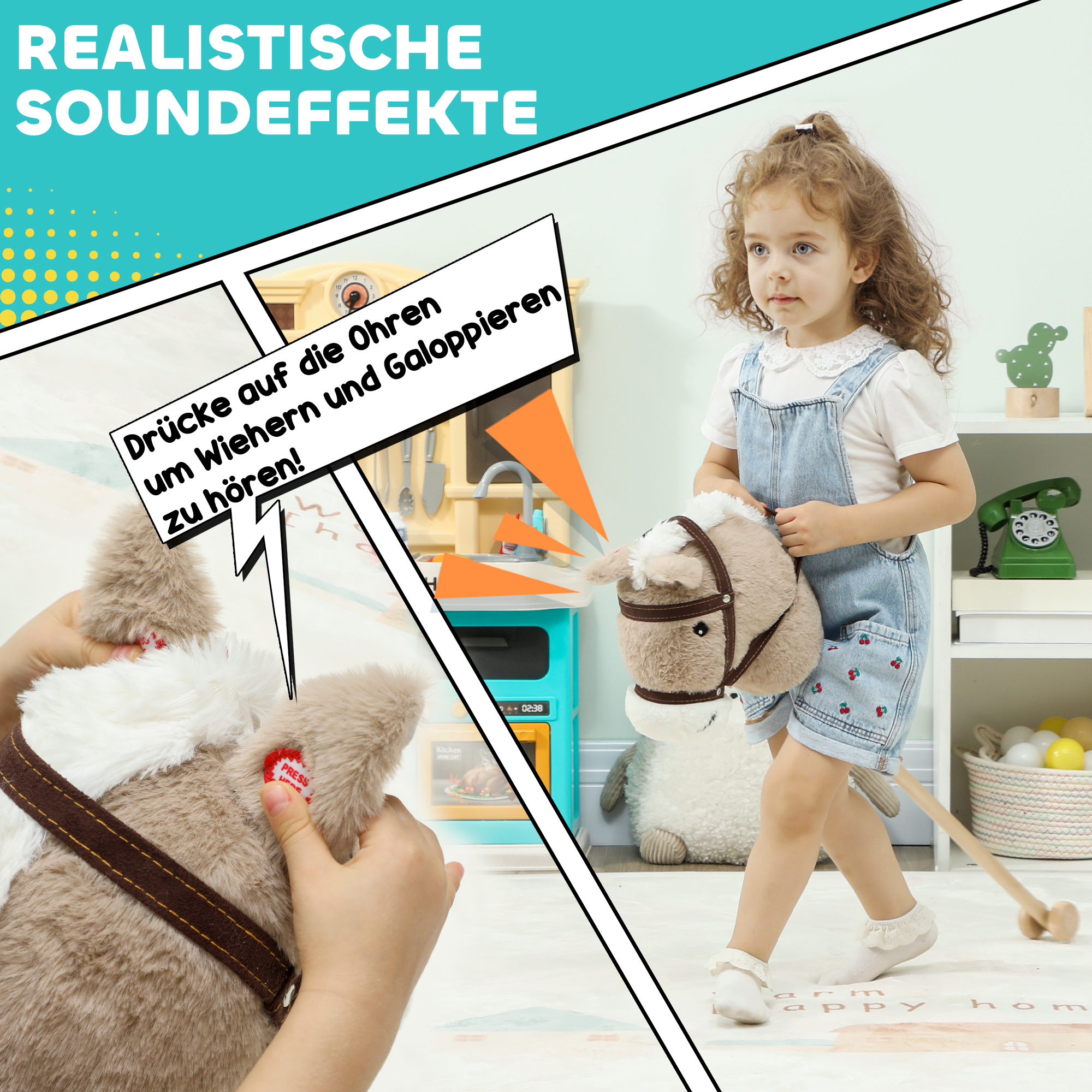 Steckenpferd Kinder Steckenpferde mit Sound, Rolle, Stockpferd zum Reiten für Kinder 24+ Monate, Grau