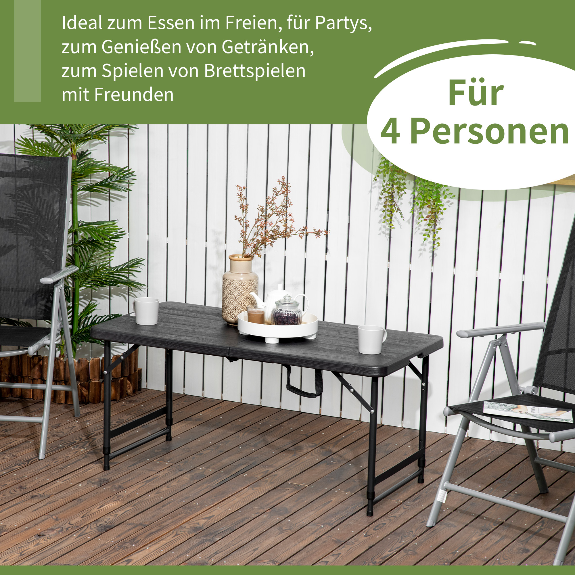 Outdoortisch, Gartentisch, für 4 Pers,, klappbar, höhenverstellbar, Holzoptik, grau+schwarz, 118 x 60 x 74 cm