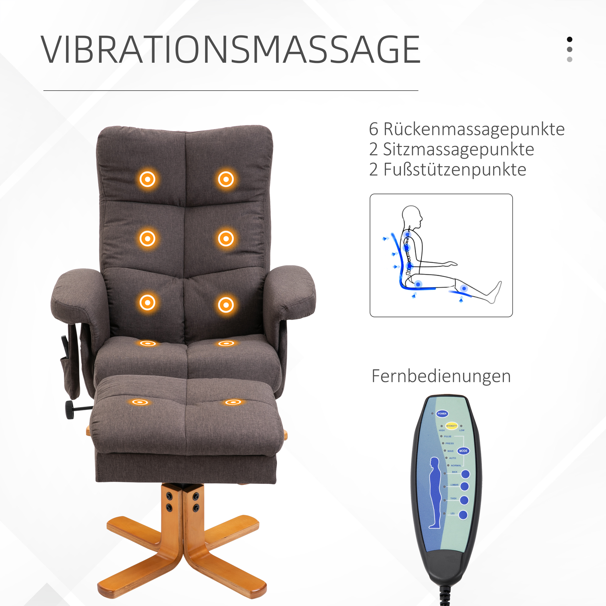 Relaxsessel mit Fußhocker, Stauraum, Elektrischer Massagesessel mit Liegefunktion, Drehbarer Fernsehsessel mit Seitentasche, Fernbedienung, Holzrahmen, Polyester, Braun