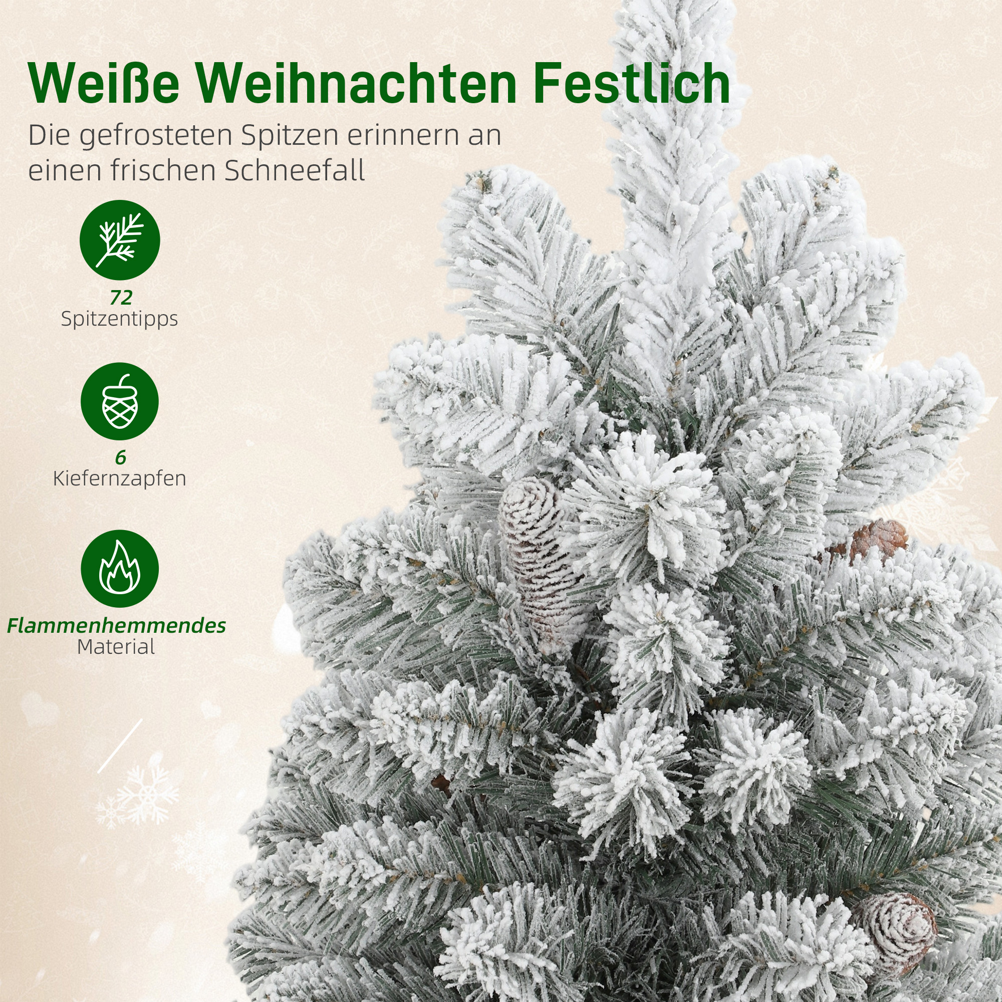 Mini Künstlicher Weihnachtsbaum 60 cm Tannenbaum künstlich mit Schnee, 72 Spitzen 6 Tannenzapfen Zementbasis