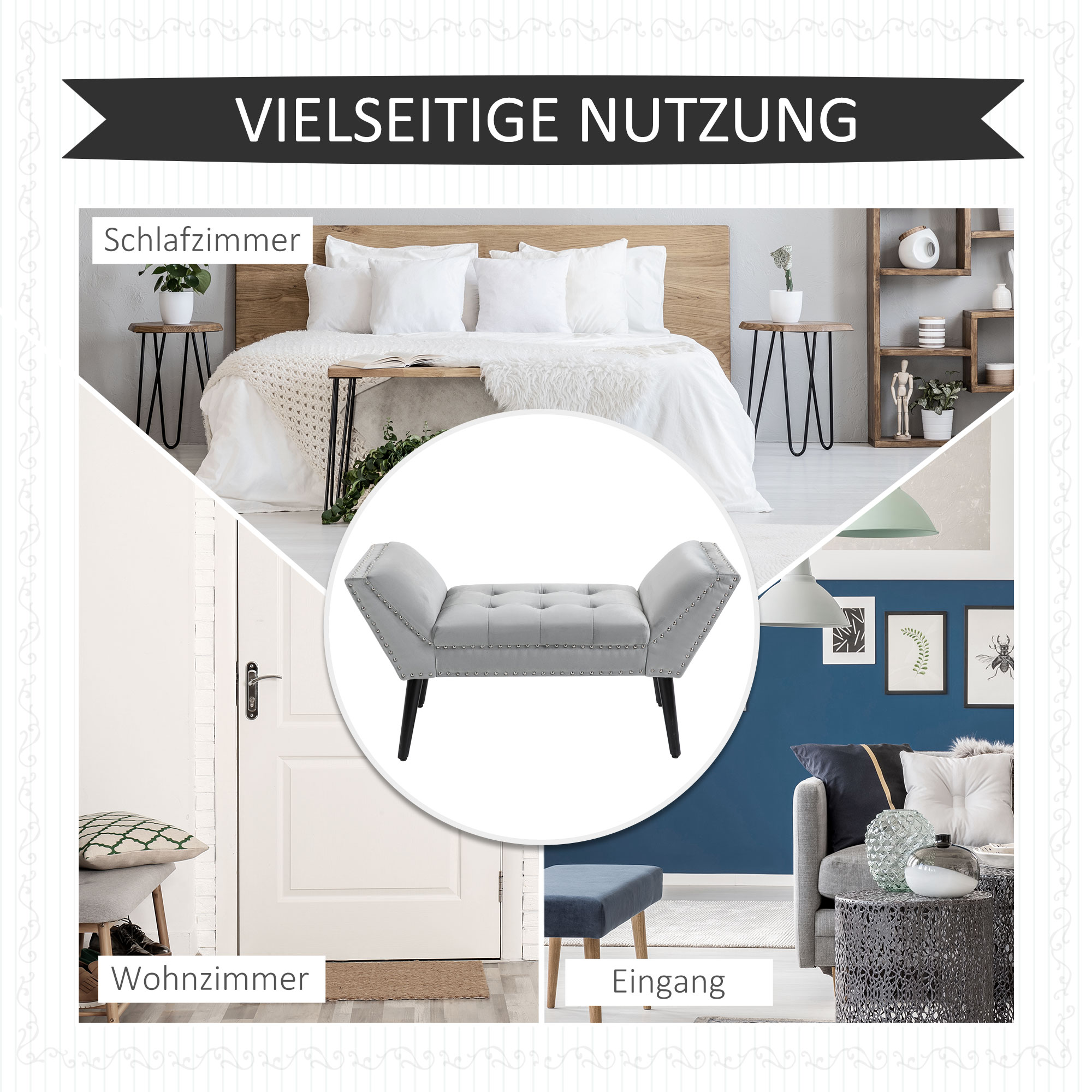 Polsterbank Sitzbank Klavierbank Pianobank mit Samtoptik Bettbank für Schlafzimmer Wohnzimmer, Flur, Gummiholz Hellgrau 114 x 46 x 56 cm