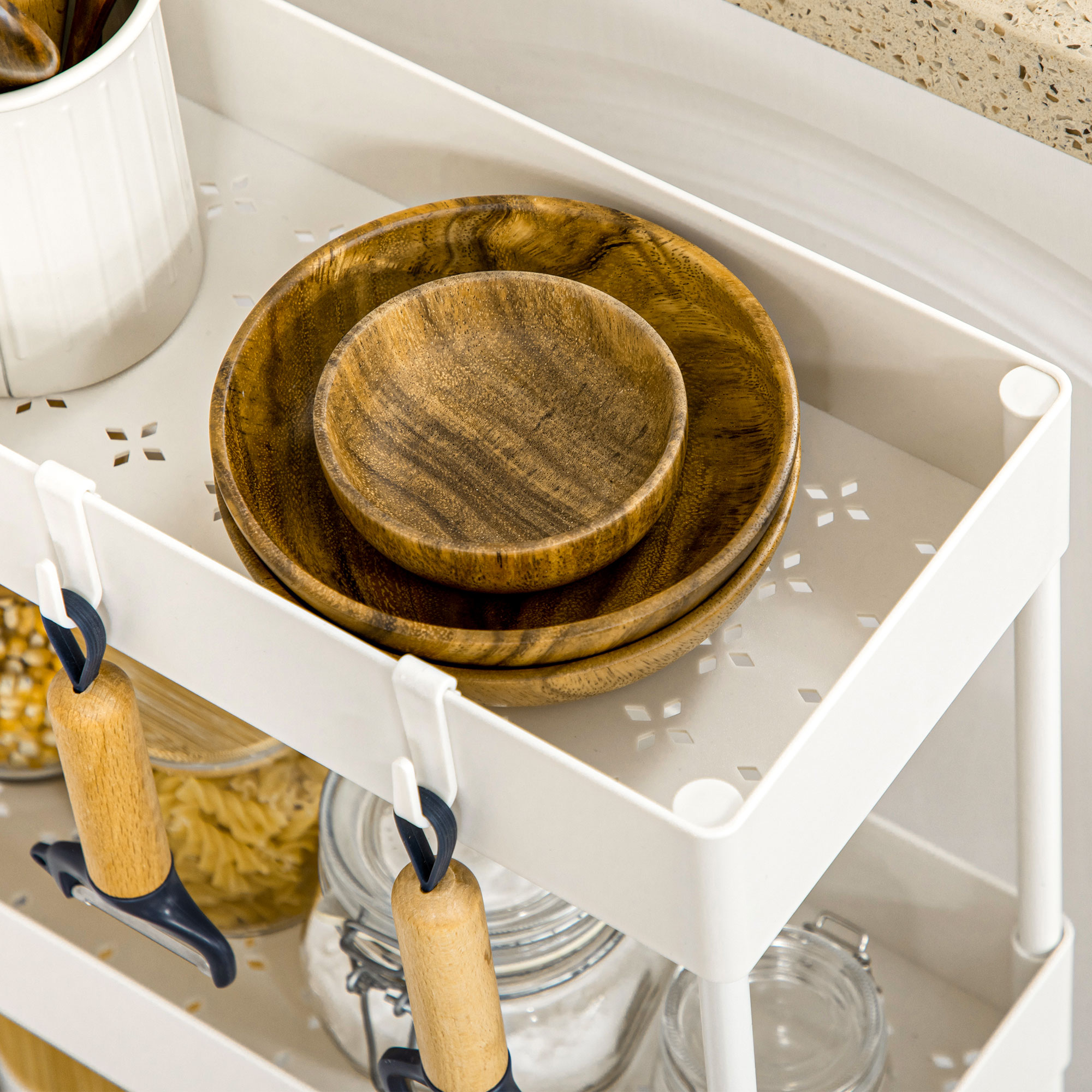 Küchenwagen mit 4 Regalen, 4 flexiblen Haken, 4 Rollen, 40 cm x 19 cm x 90 cm, Nischenwagen, Weiß