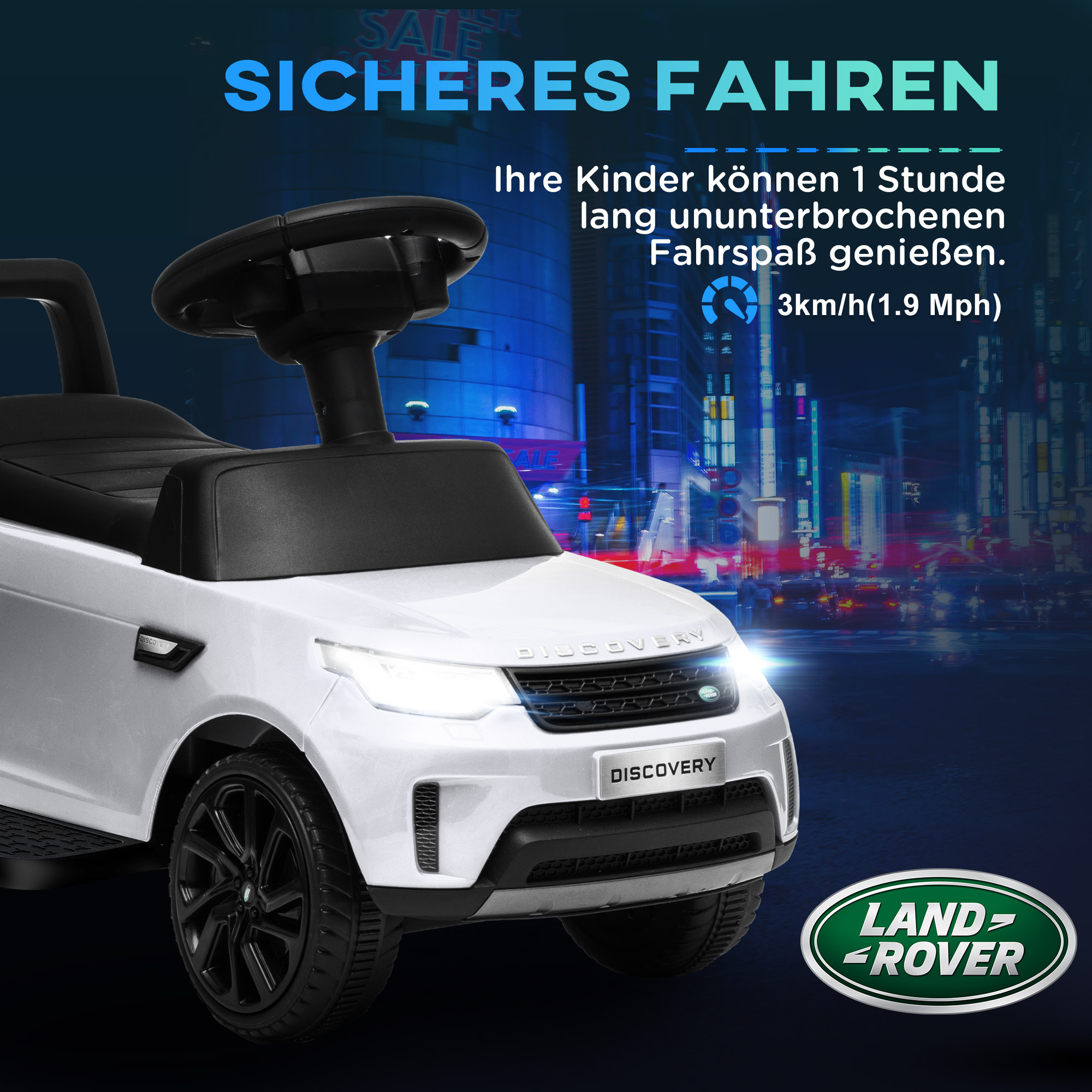 Elektro Kinderauto 6V, Land Rover, Fahr-/Schiebemodus, Scheinwerfer, Musik, Weiß