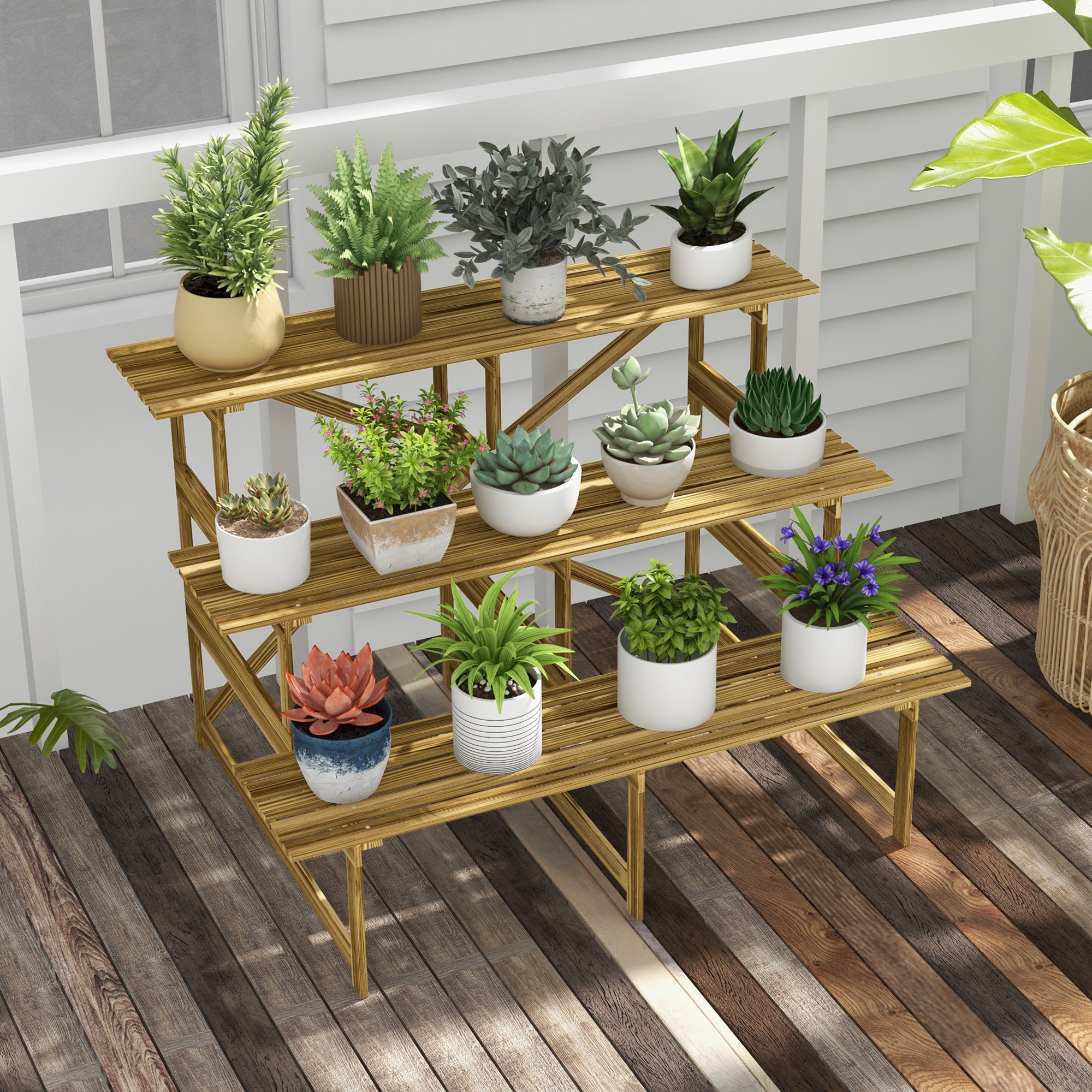 Pflanzentreppe, Blumentreppe, Blumenregal, Pflanzregal, Blumenständer, 3 Stufen, Tannenholz, 120 x 80 x 78cm