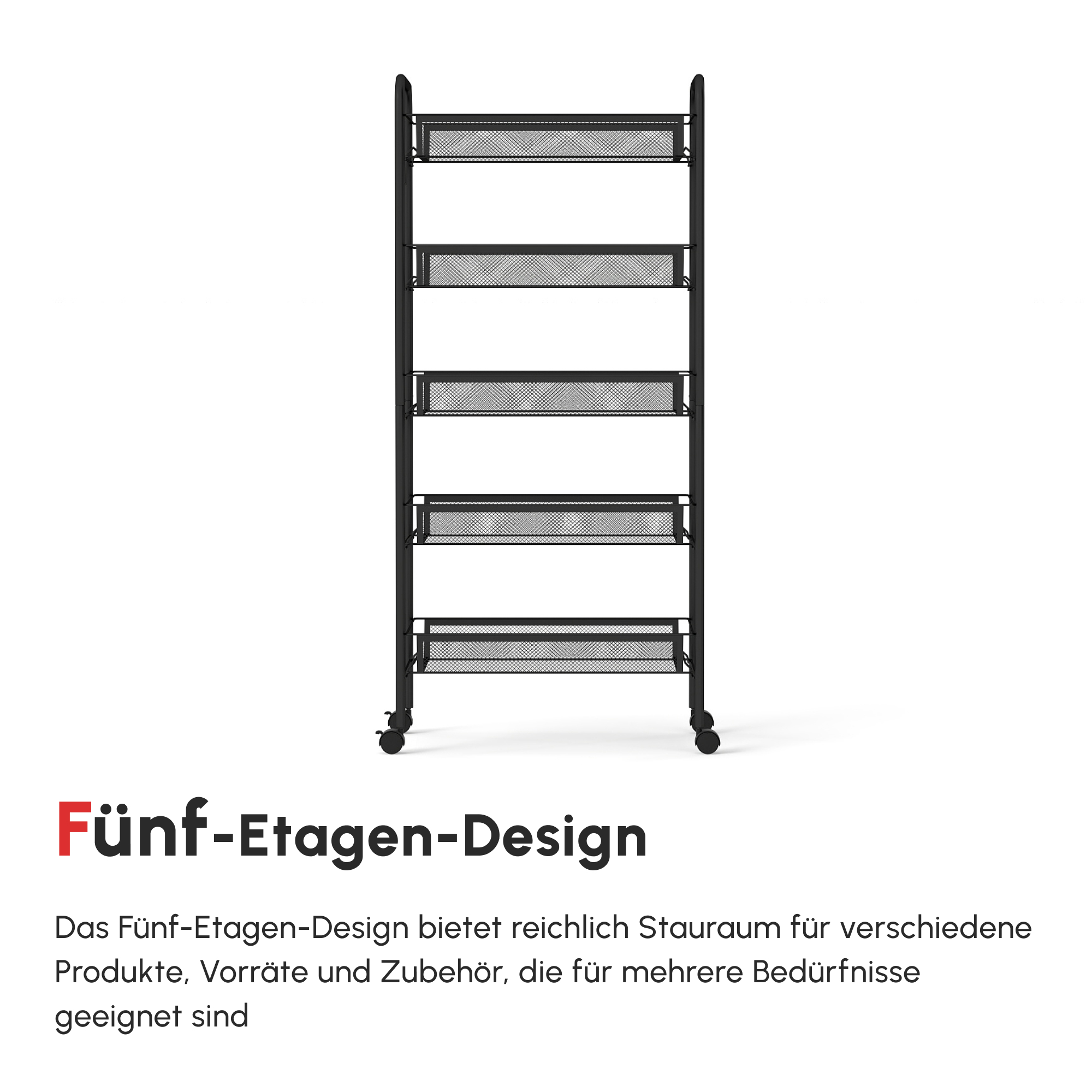 Küchenwagen mit 5 Drahtkörben, 4 Haken, 4 Rollen, 2 Griffe, Stahl/Kunststoff, 45x26,5x106 cm, Weiß