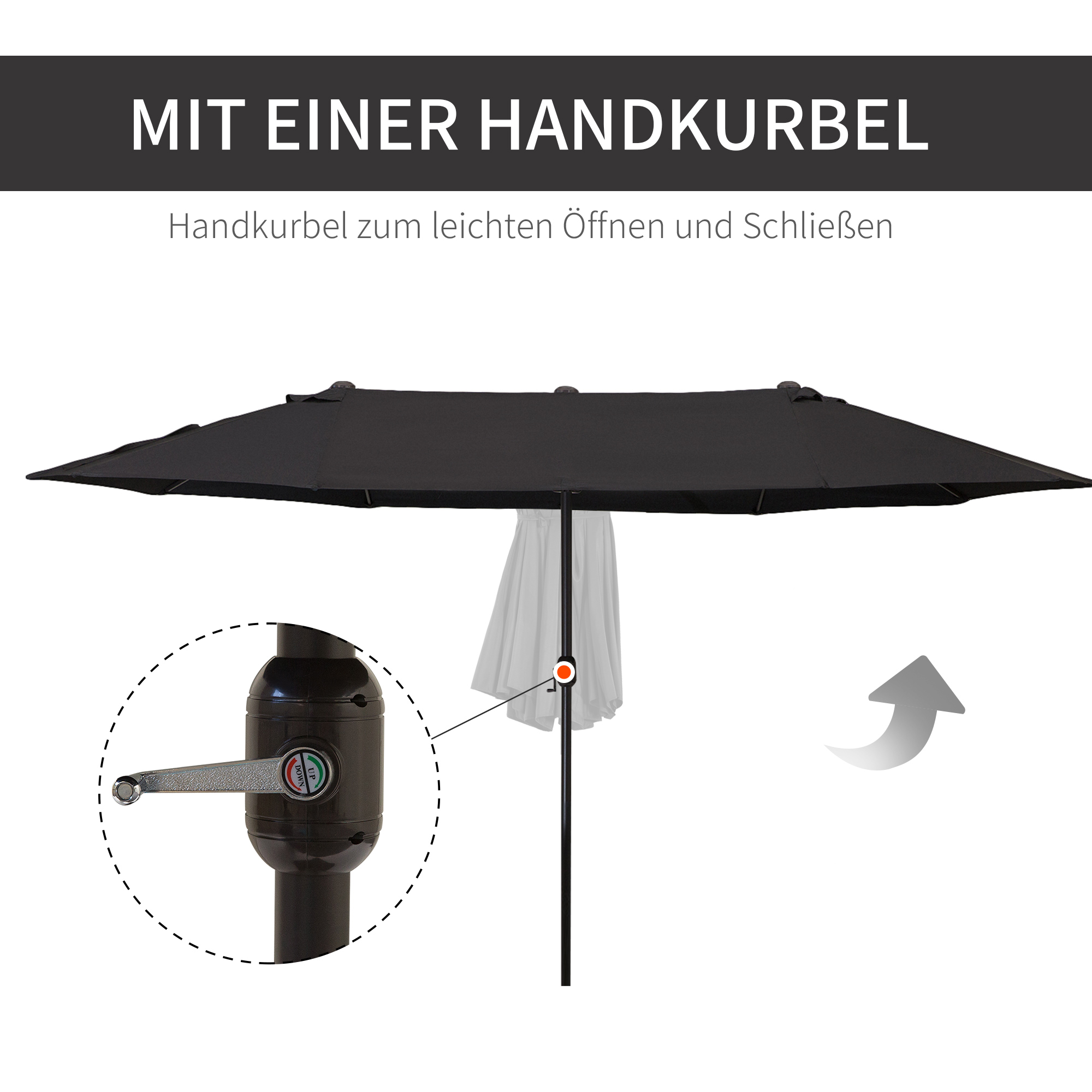 Doppelsonnenschirm 455 x 270 cm Gartenschirm mit Handkurbel oval stabil Metallstange Marktschirm Doppelsonnenschirm Terrassenschirm Sonnenschutz für Strand Balkon Terrasse Garten Schwarz