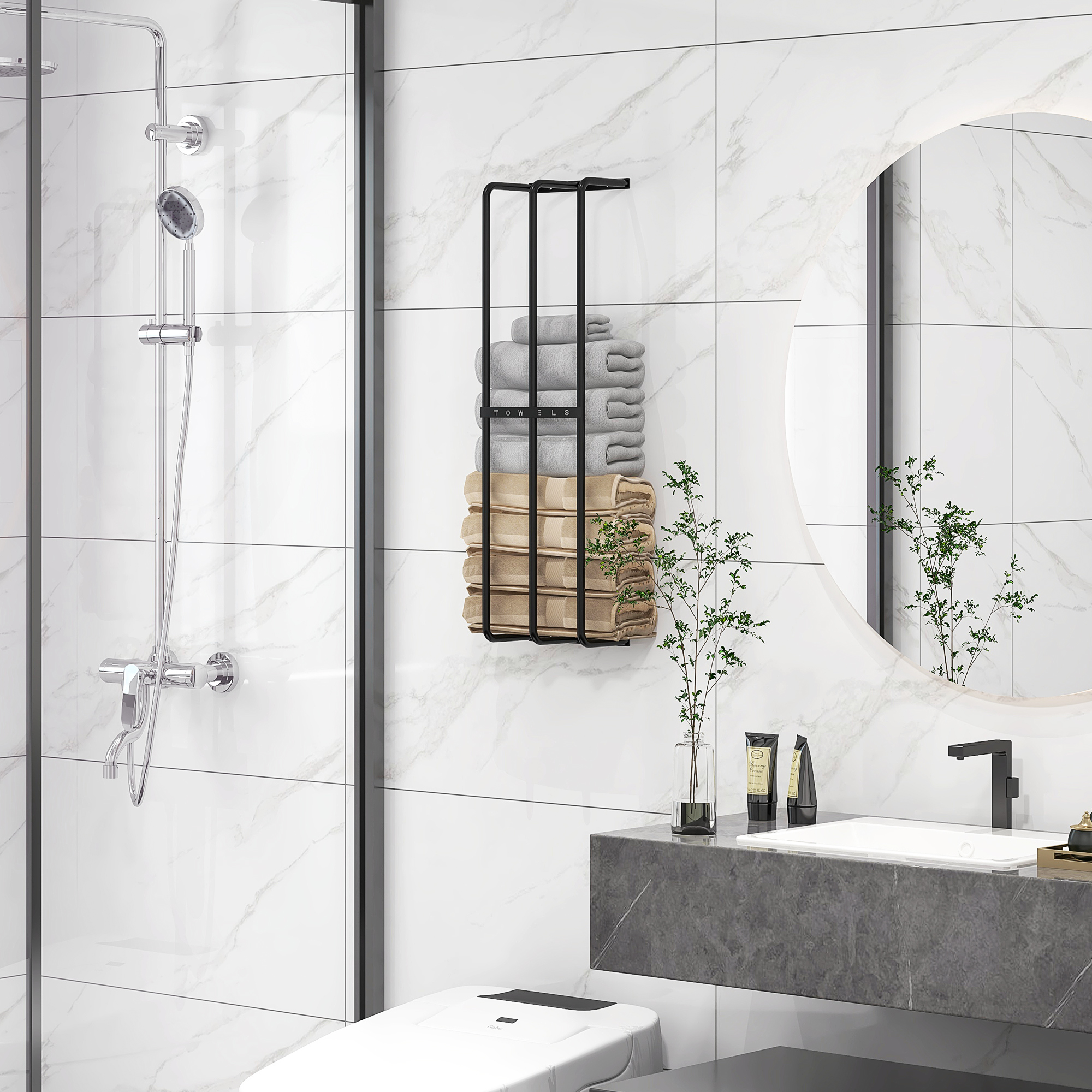 Handtuchhalter, Wandhalterung f, 6 große Handtücher, Metall, 21x12x74cm, Schwarz