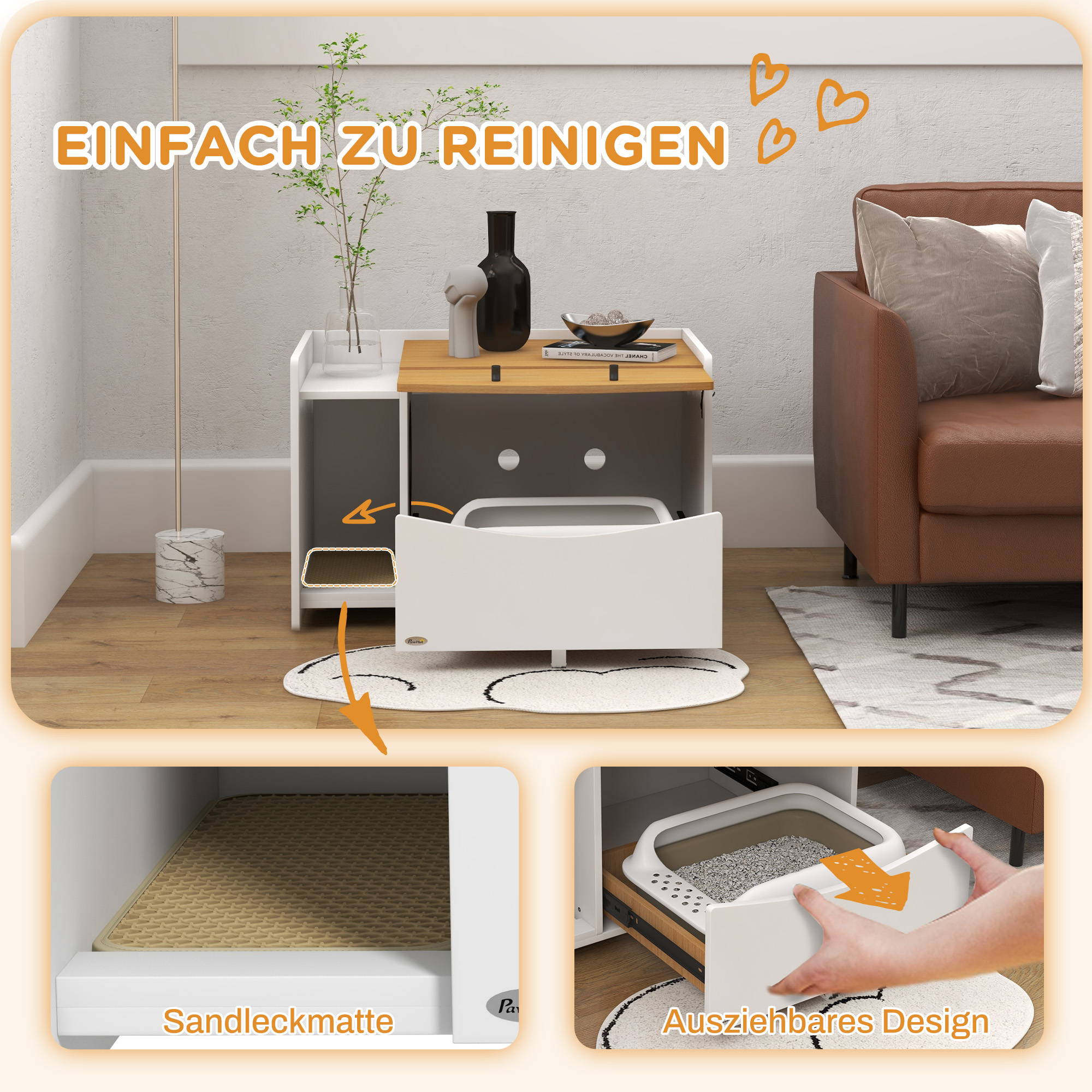 Katzentoilette, ausziehbar, Schrankdesign, Streufach, 78x50x51cm, Eiche/Weiß