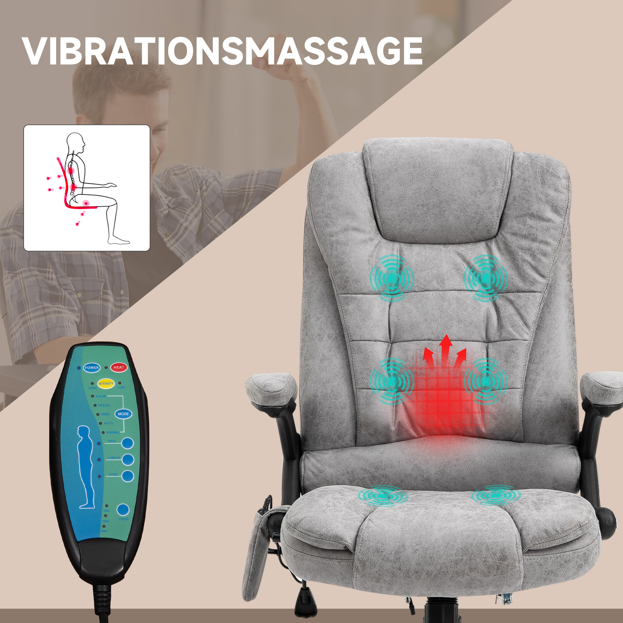 Chefsessel mit Massage- & Wärmefunktion, ergonomisch, verstellbar, bis 120kg, Grau