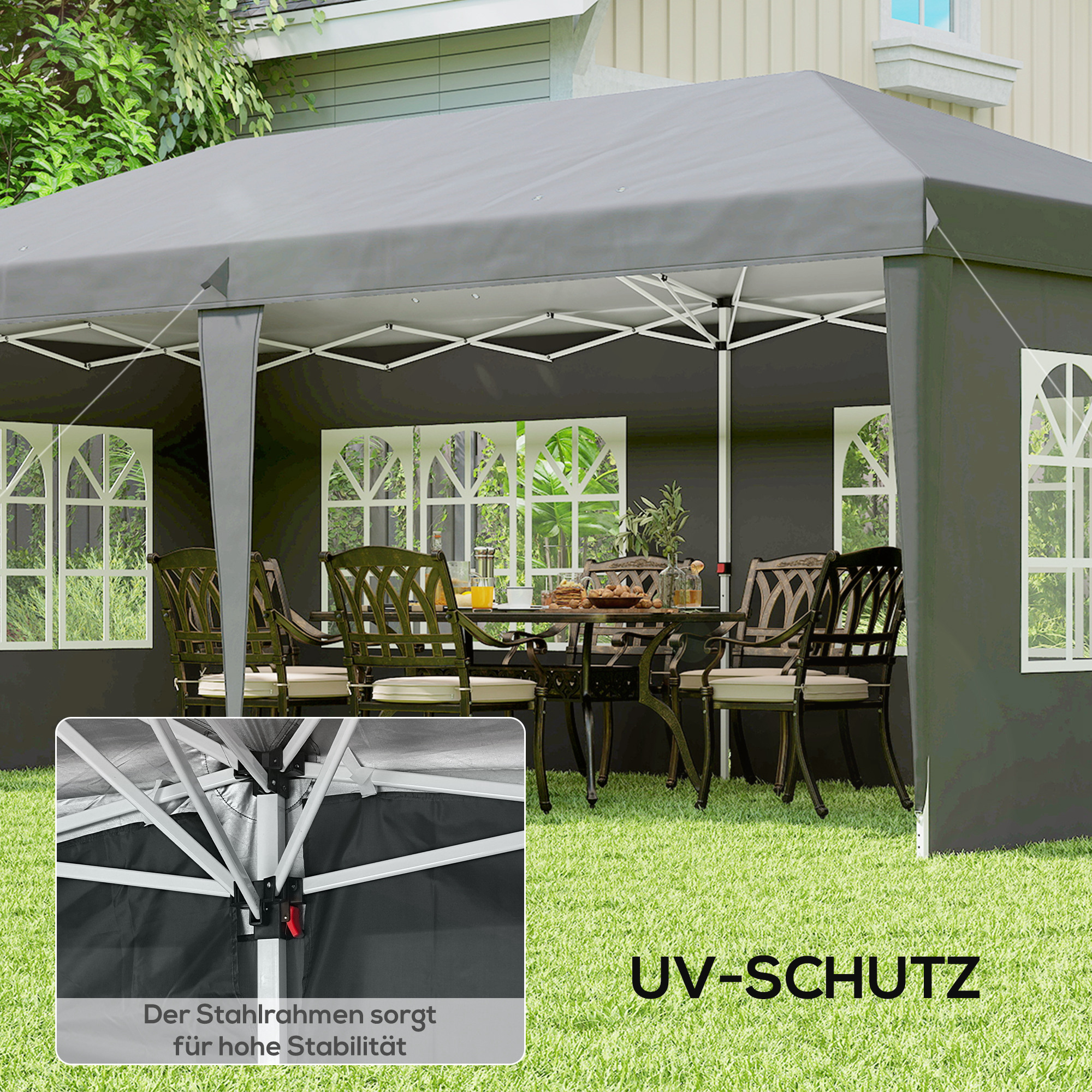Pavillon ca. 3x6m Wasserdicht Pop-up Faltpavillon mit 4 Seitenwänden, Fenster UV-Schutz Tragetasche Grau