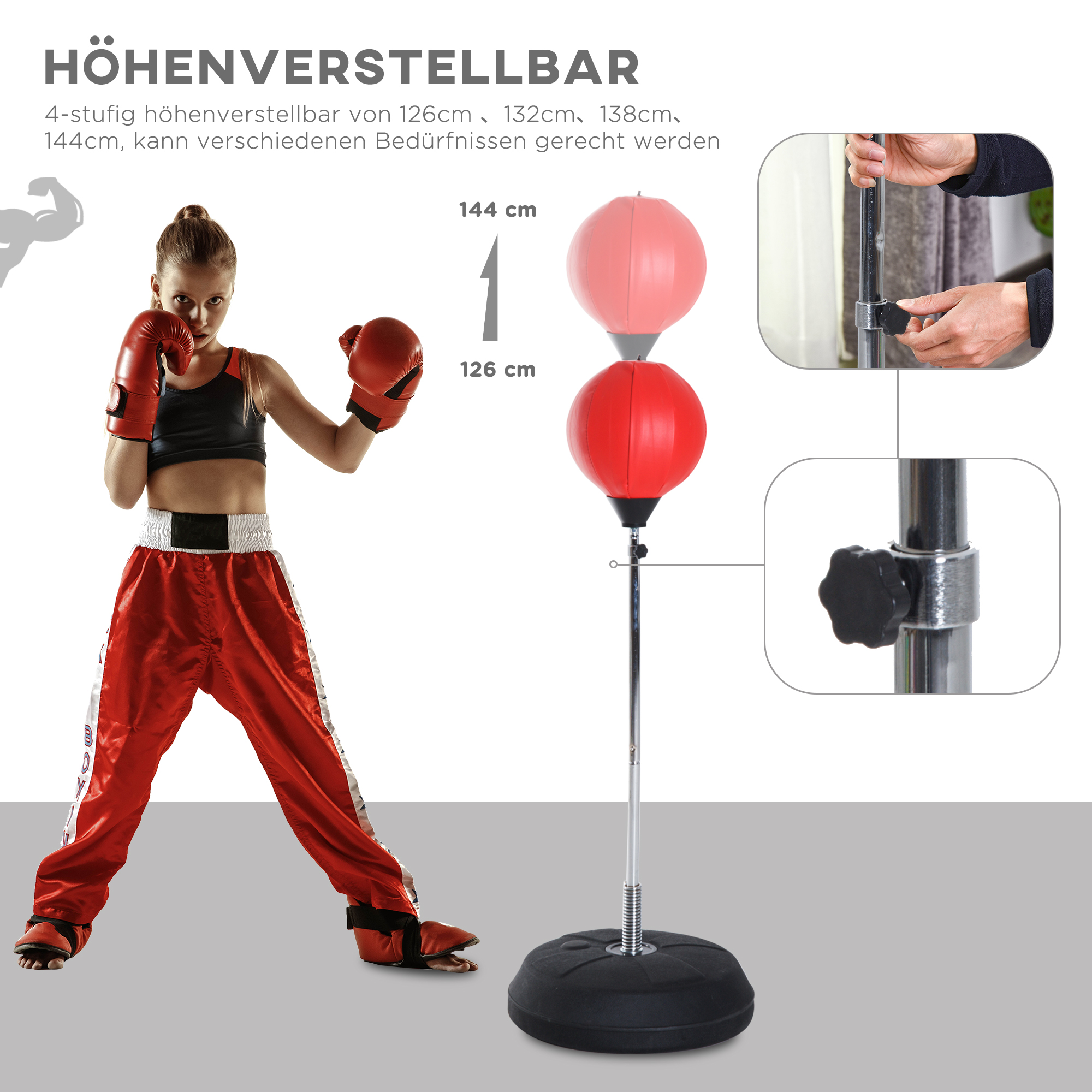 Box-Set mit Punchingball, höhenverstellbar, inkl. Boxhandschuhe, 126-144cm, Rot