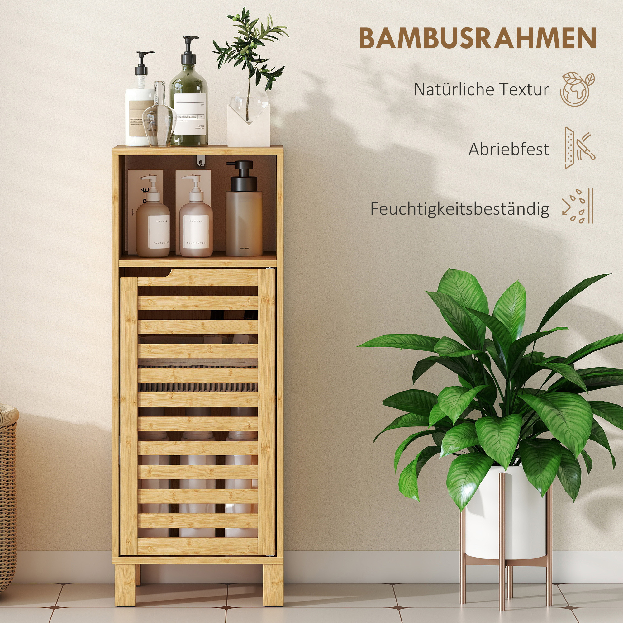 Badezimmerschrank, offenes Regal, Schrank, Bambusholz, Lamellentür, Hellbraun