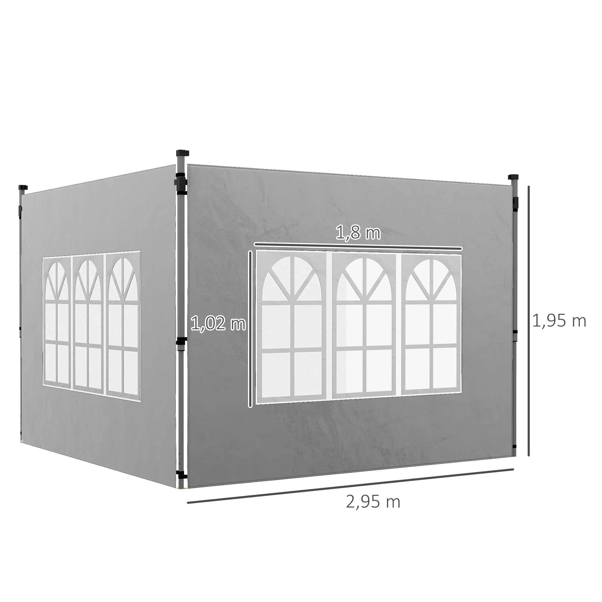 2er-Set Seitenteile für Pavillon 3x3/3x4 m, Seitenwand mit Fenster, wasserdicht Hellgrau