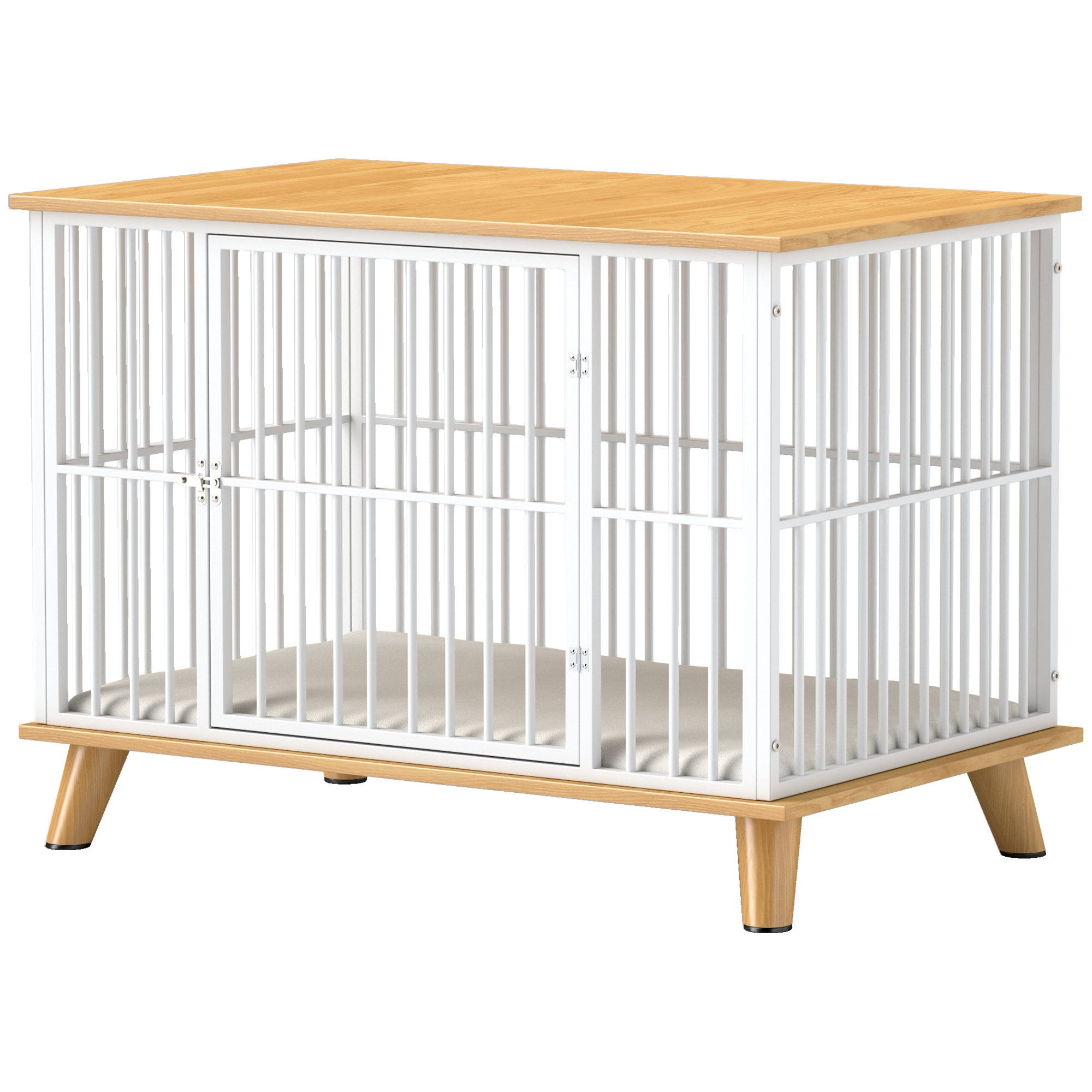 Hundebox mit Verriegelungstür, abnehmbares Kissen, gute Belüftung, Stahl, 86x60x70 cm, Weiß+Grau