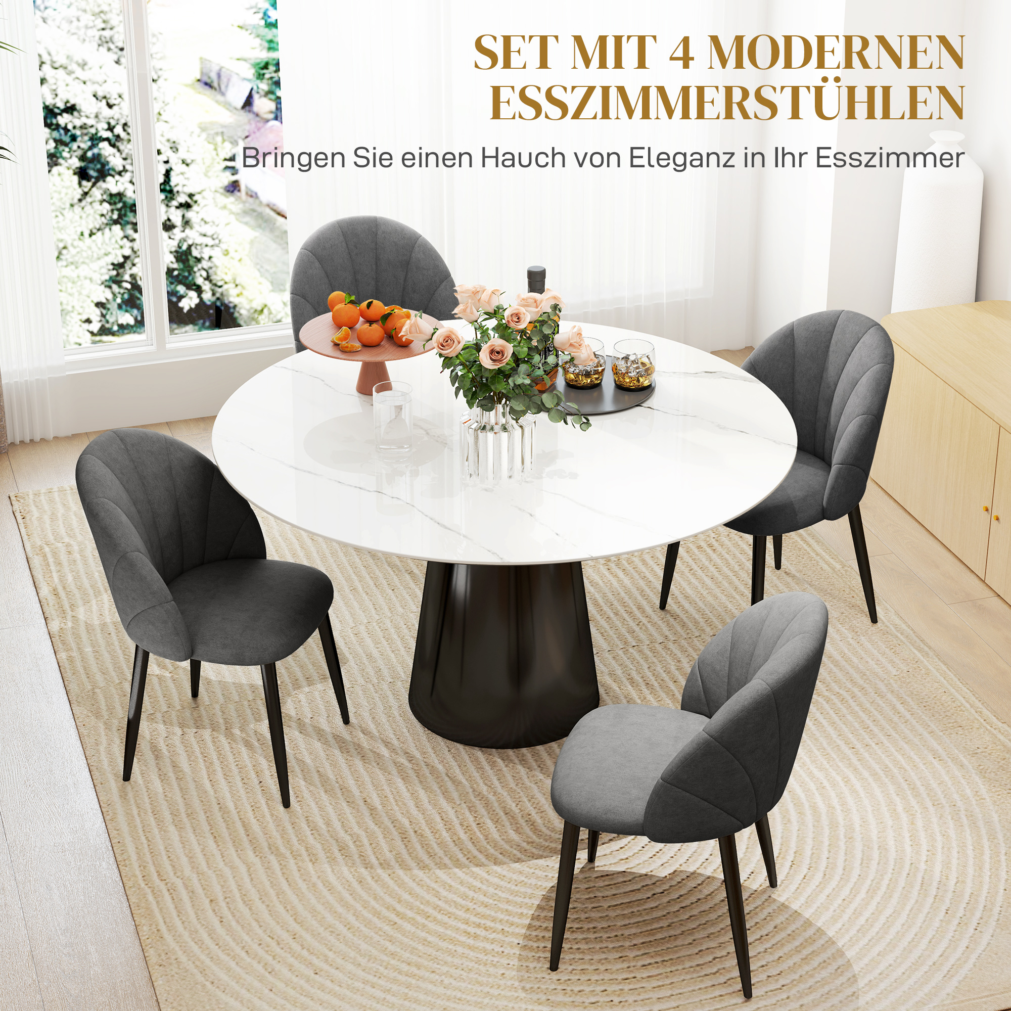 4er-Set Esszimmerstühle, Küchenstühle in Samtoptik, Stahlbeine, armlos, Grau