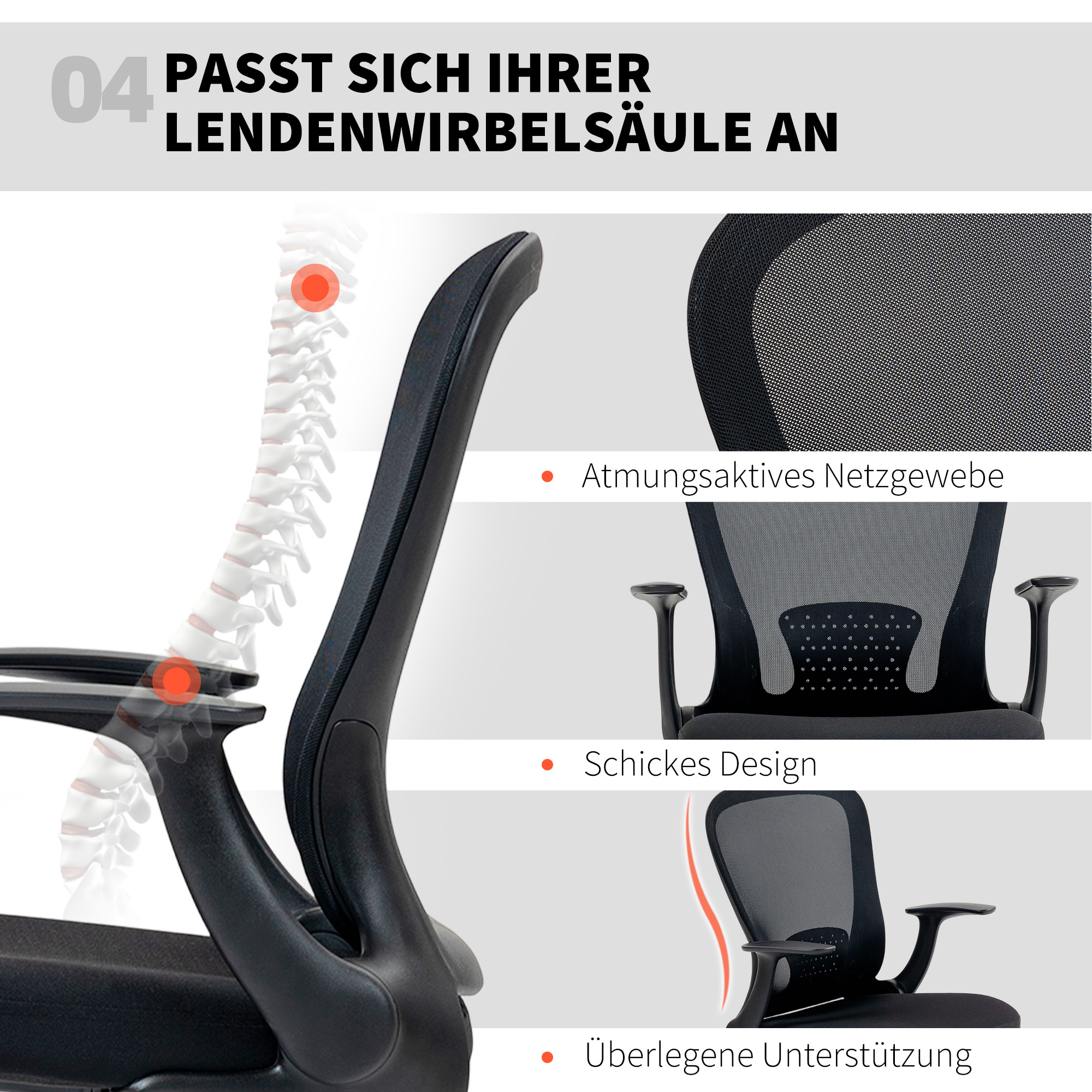 Bürostuhl höhenverstellbar Schreibtischstuhl mit verstellbarer Fußring, Lendenwirbelstütze, 62 x 59 x 119 cm, Schwarz