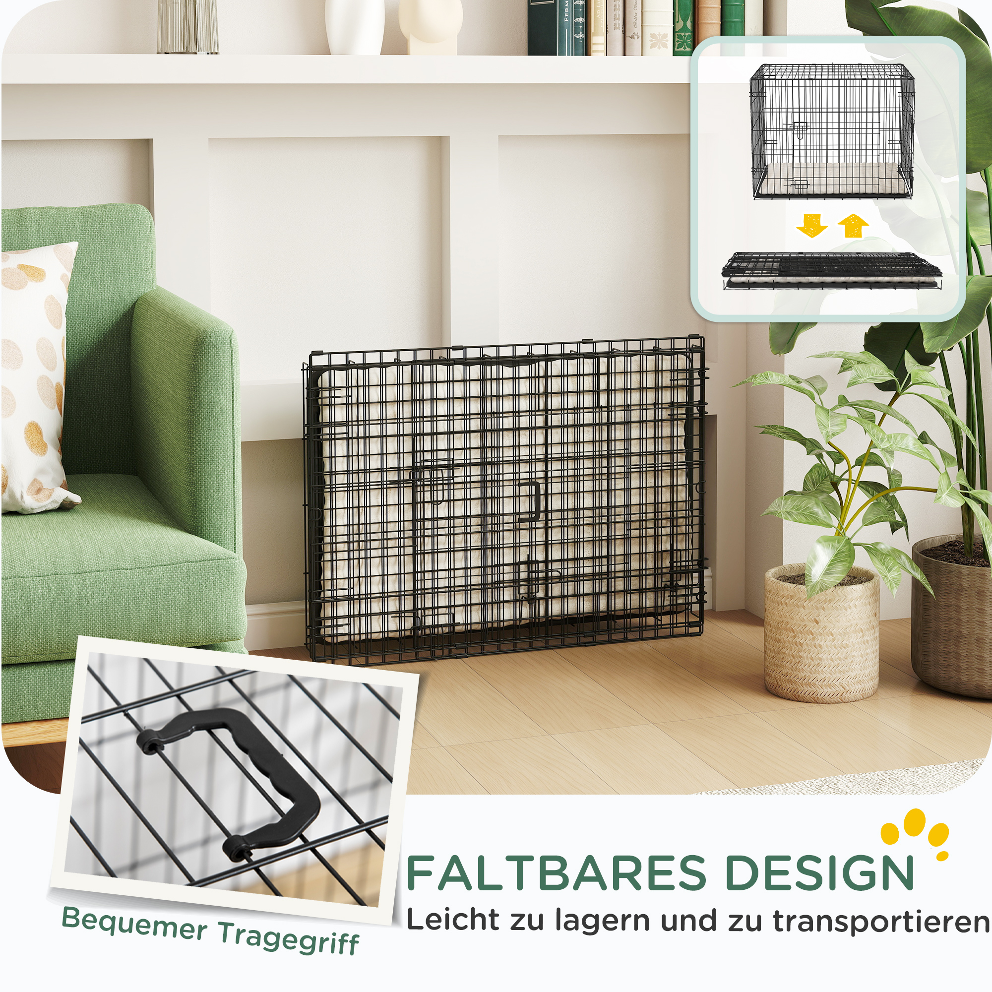 Hundekäfig klappbar Hundebox mit 2 Türen, Transportkäfig mit ausziehbare Bodenschale Kissen 75 x 48,5 x 53 cm Schwarz