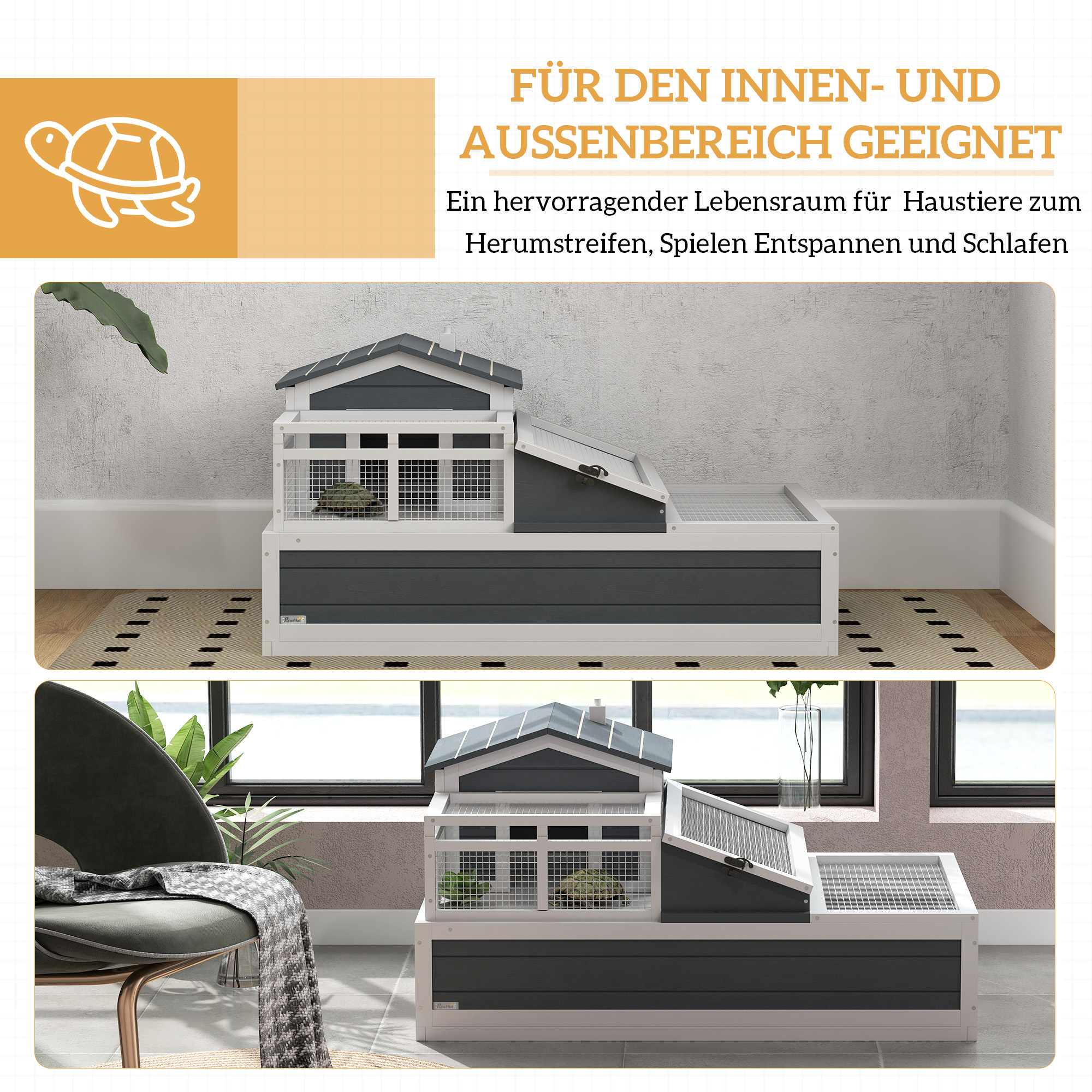 Schuldkrötenhaus, 2 Ebenen, für drinnen und draußen, Balkon, Tannenholz, Grau