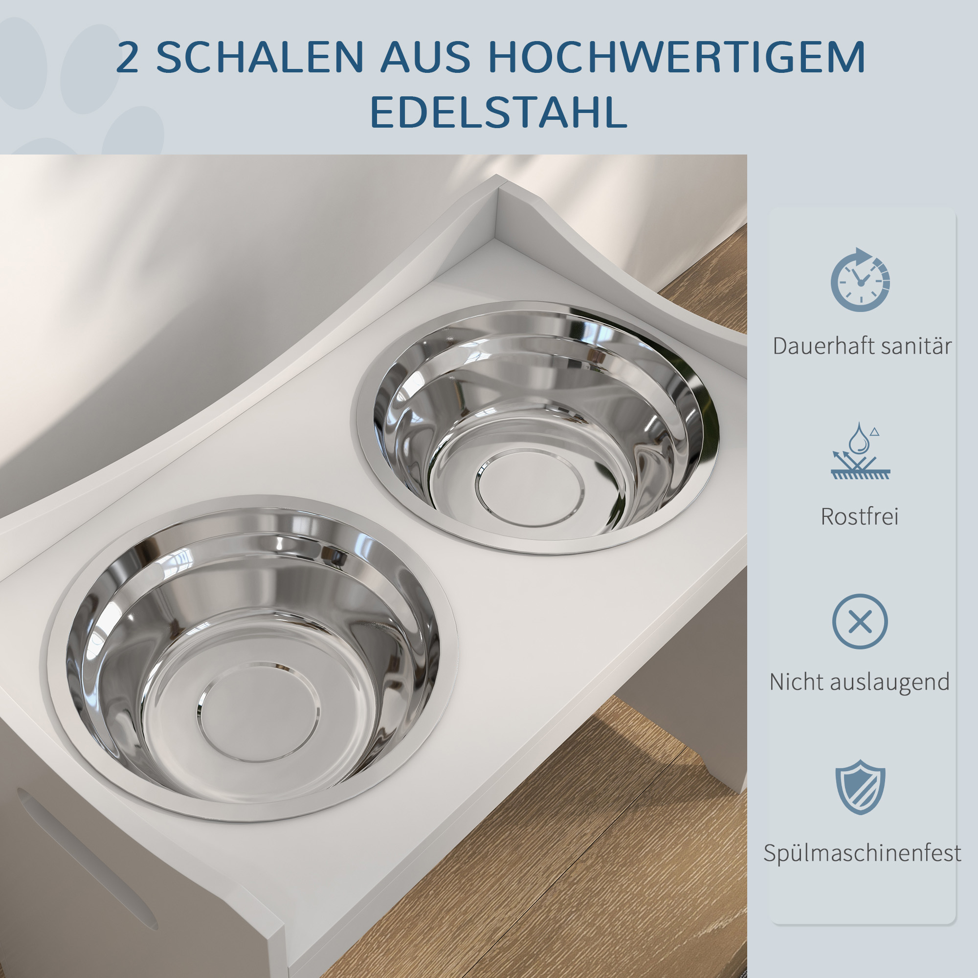 Futterstation für Hunde, 2 Edelstahlnäpfe, höhenverstellbar, 54x31,5x47cm, Weiß