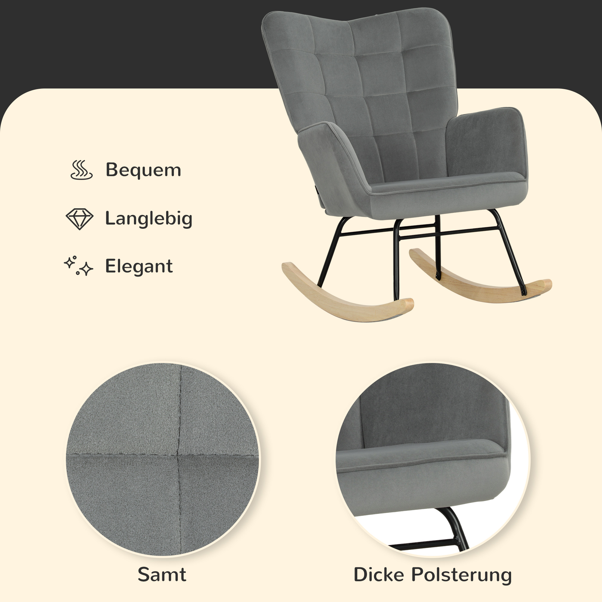 Vintage Schaukelstuhl, geschwungene Kufen, dicke Polsterung, Buchenholz & Stahl, Dunkelgrau