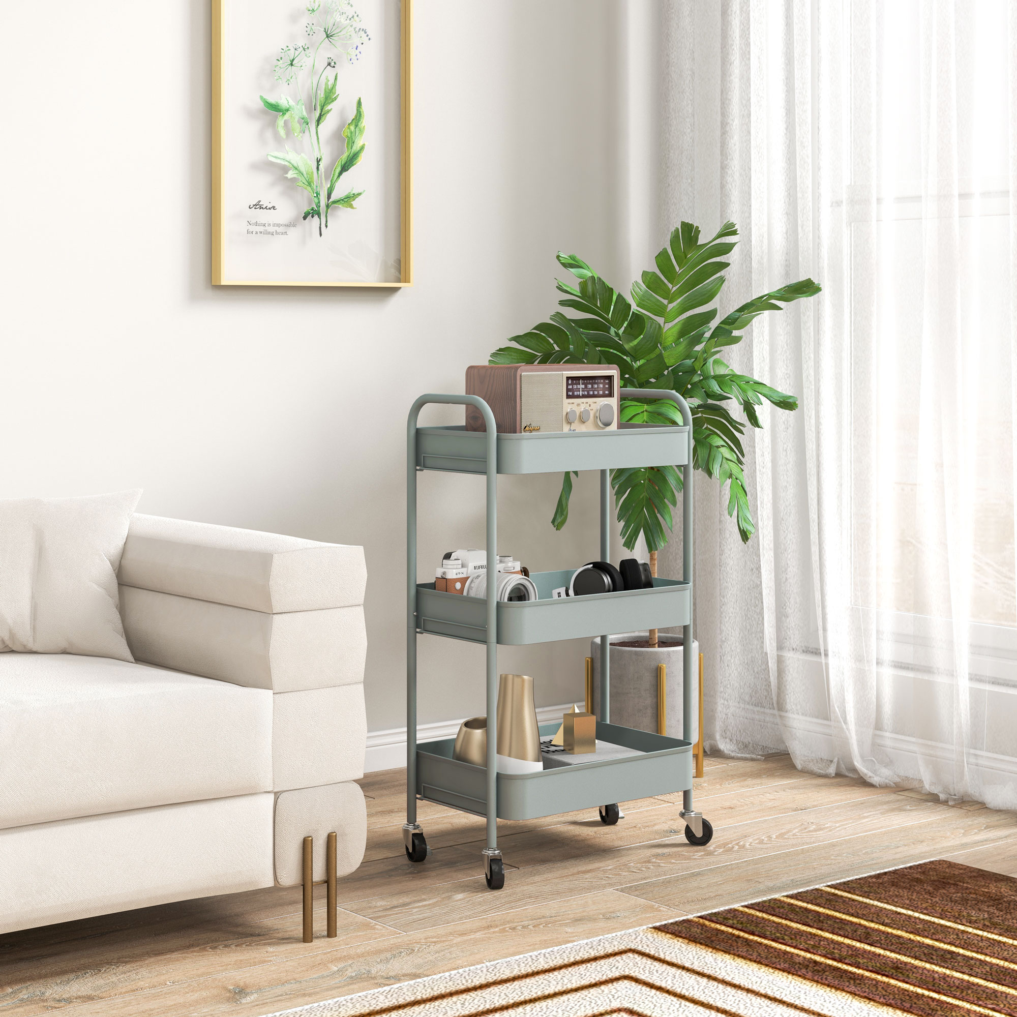 Mehrzweckwagen Rollwagen Küchenwagen, 3 Regale, 4 Rollen, 45 cm x 30,6 cm x 79 cm, Hellblau