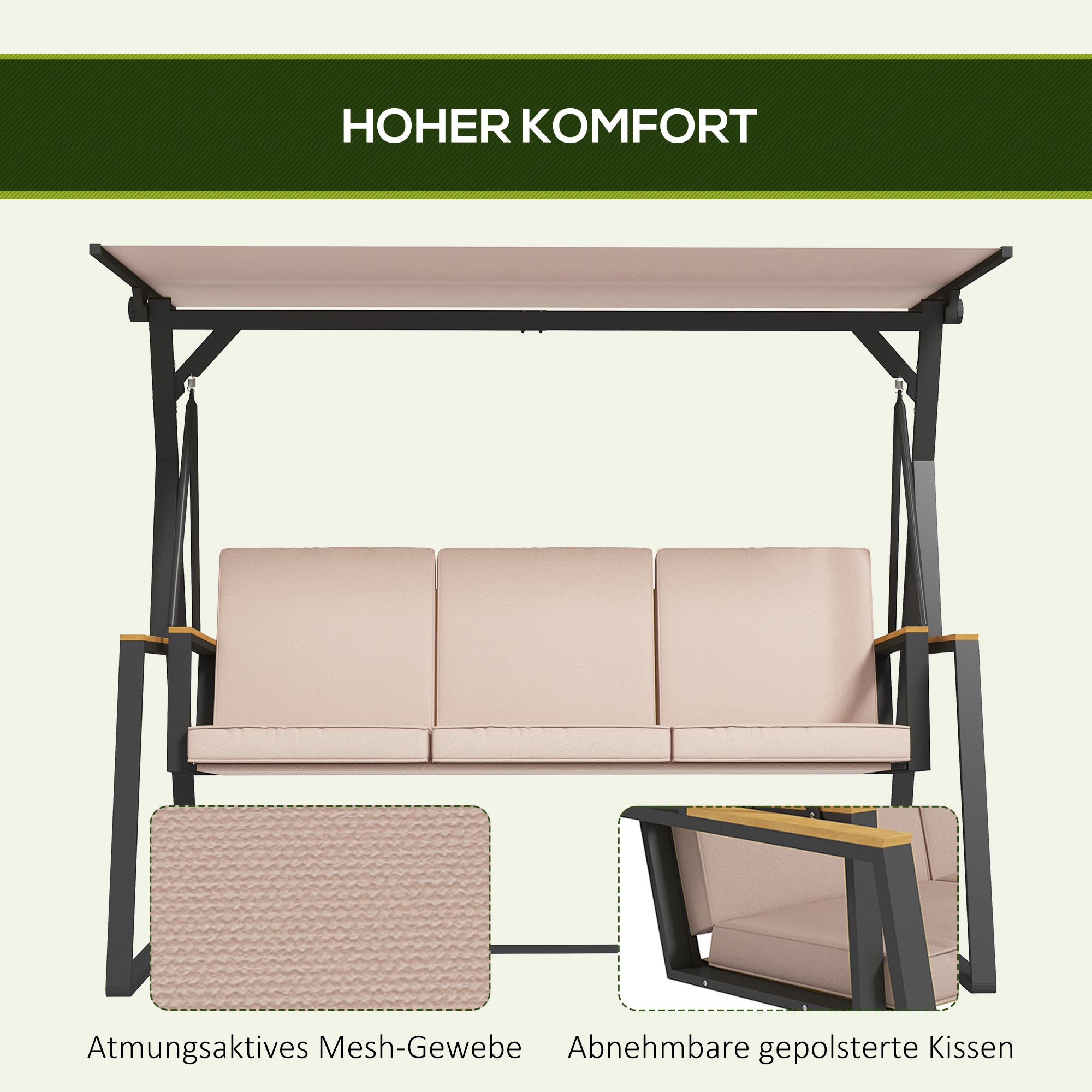 Hollywoodschaukel Gartenschaukel 3-Sitzer-Schaukel, mit Sonnendach, wetterbeständig, Beige + Schwarz