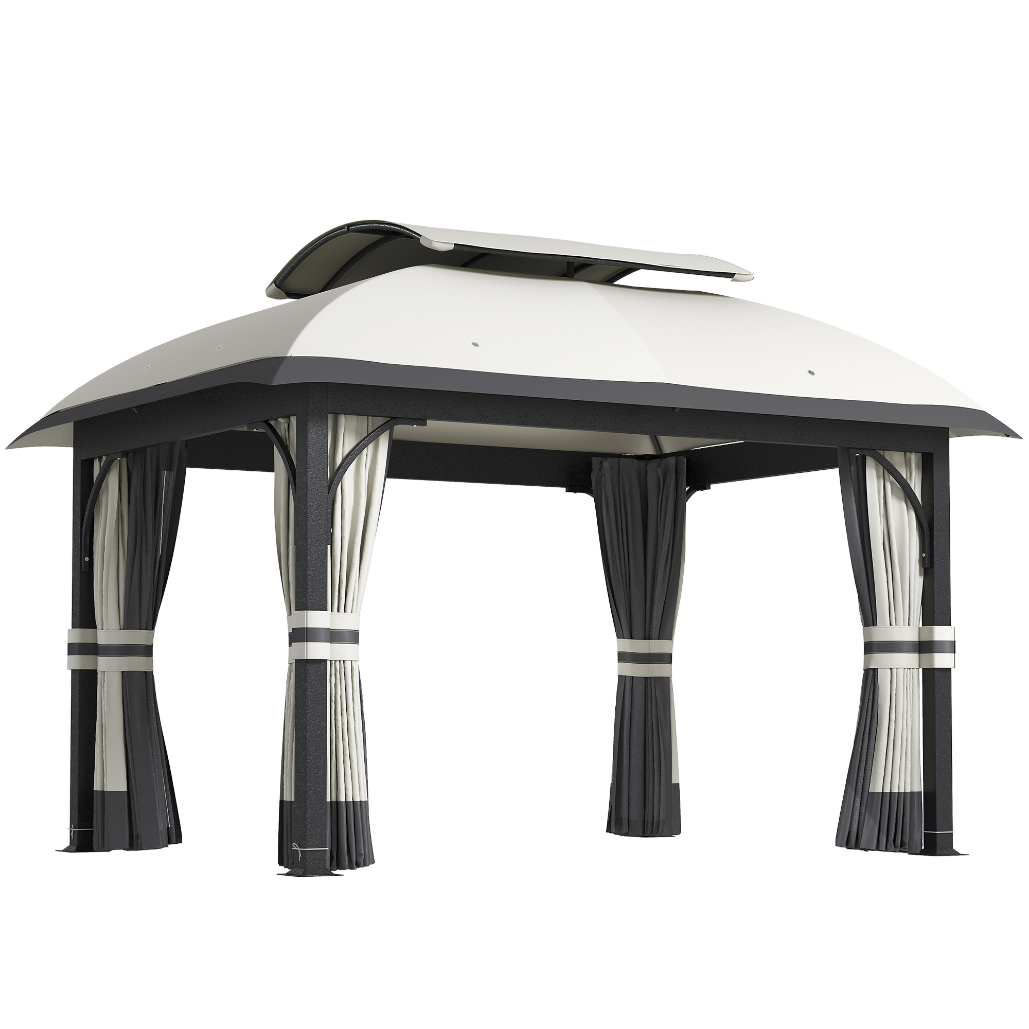 Gartenpavillon, 3,3 x 4 m Gartenzelt mit Netz-Vorhängen, zweistufiges Dach, Kunstleder-Bezug, Metallrahmen, Hellgrau