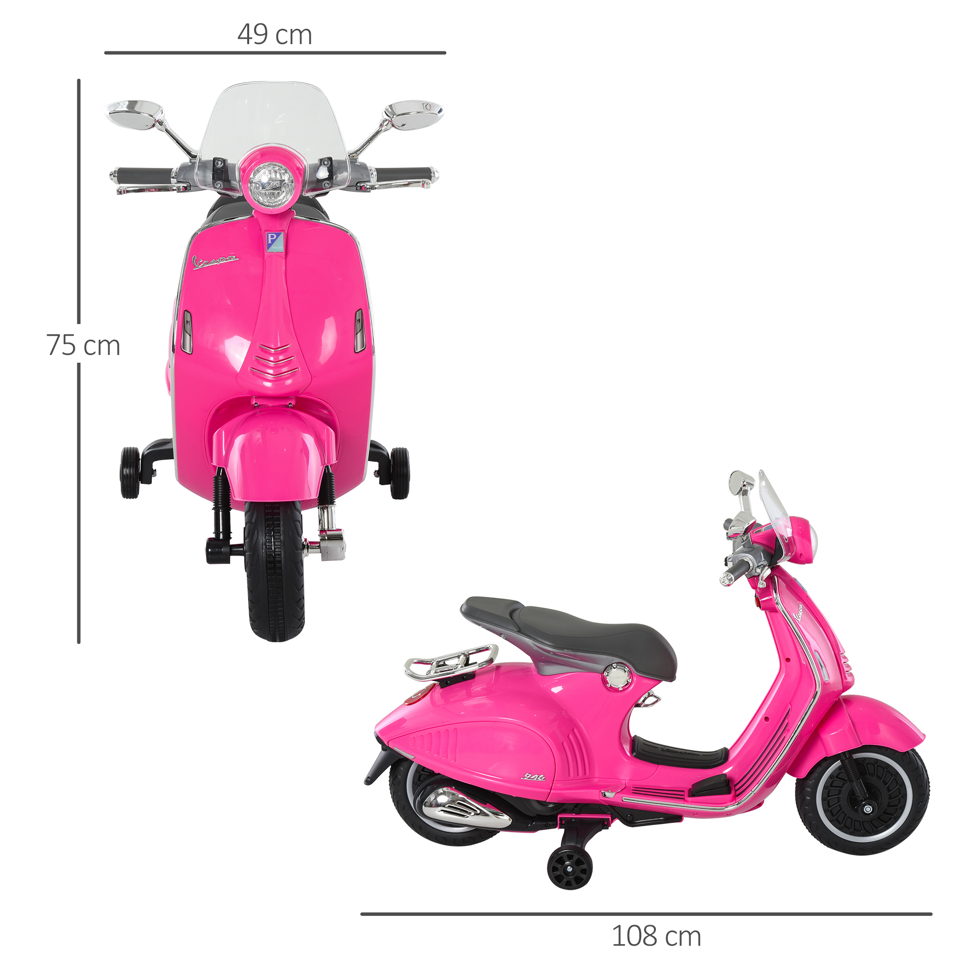 Elektro-Motorrad für Kinder mit MP3-Musik, Scheinwerfern, 3-6 Jahre, Kunstleder, Metall, 108 x 49 x 75 cm, Rosa