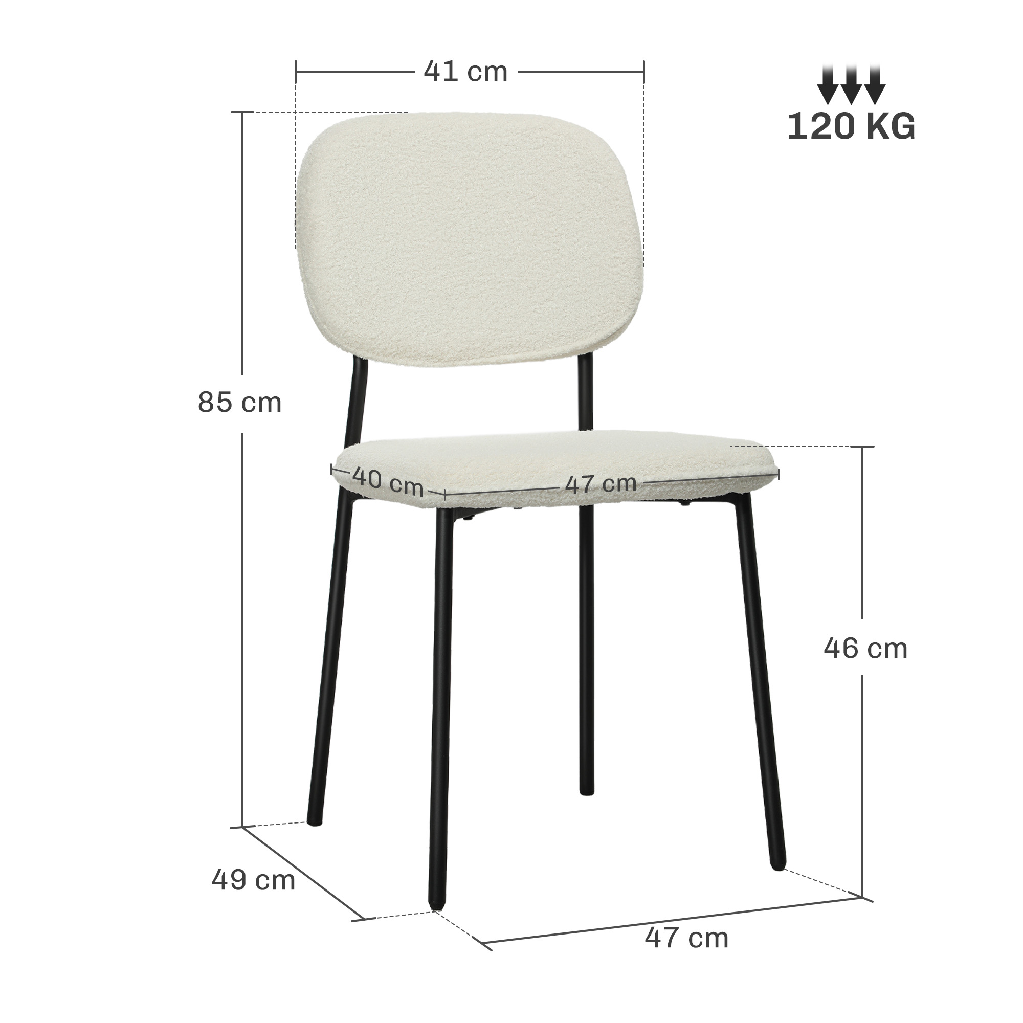 4er-Set Esszimmerstühle, weicher Stoffbezug, Stahlbeine, armloses Design, Weiß