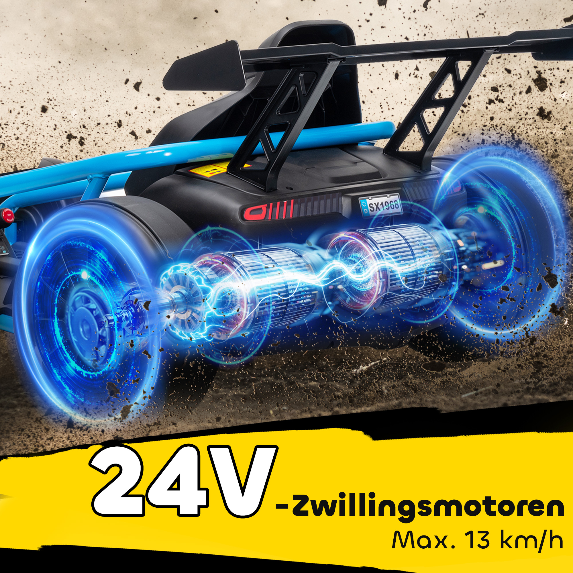 24V Elektro-Go-Kart zum Fahren und Driften, Nylon-Reifen, Sicherheitsgurt, Hupe, Musik für 8-12 Jahre Blau