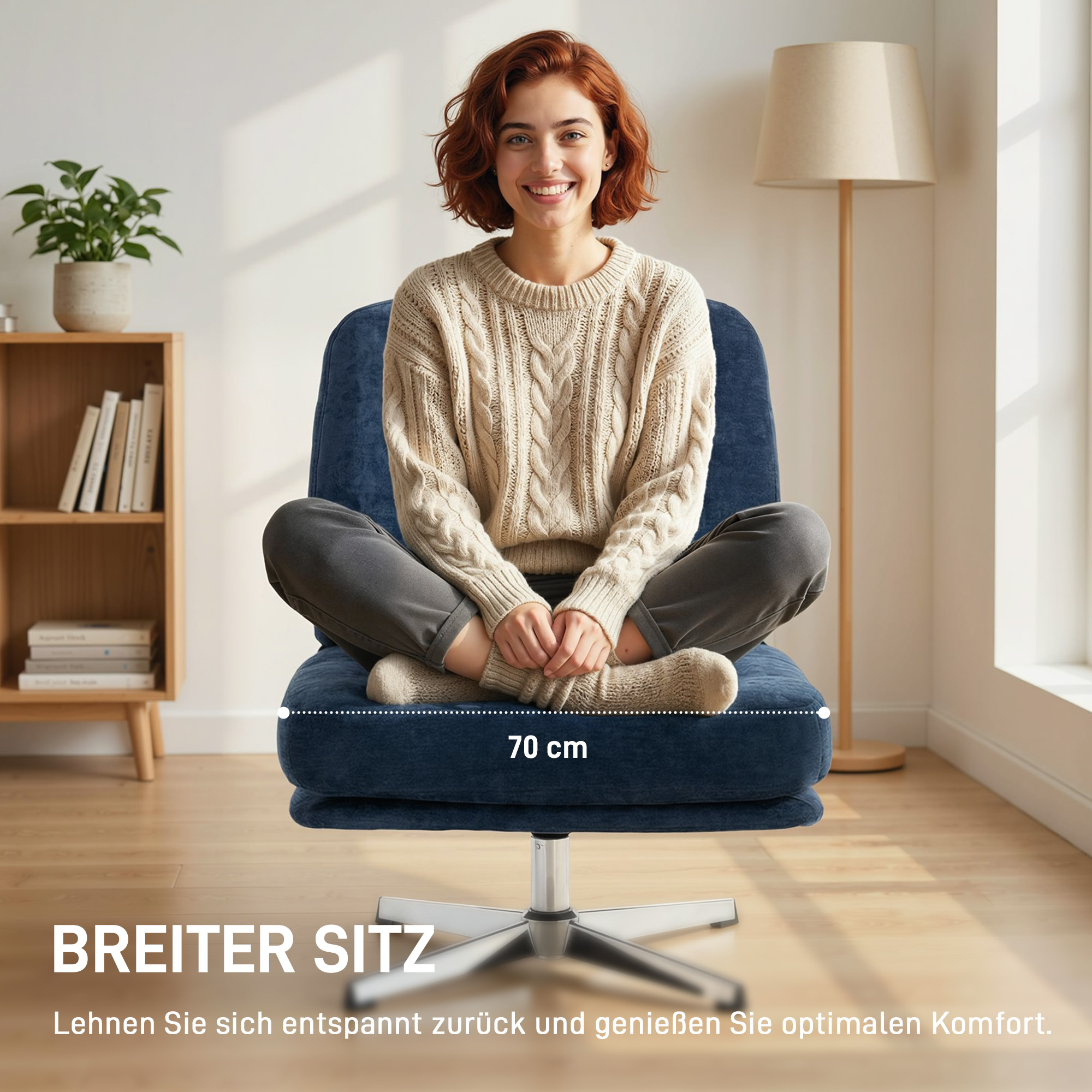 Drehbarer Akzentstuhl, gepolsterter Lesesessel mit Chenille, breitem Sitz, Federkissen und Metallbeinen, Dunkelblau