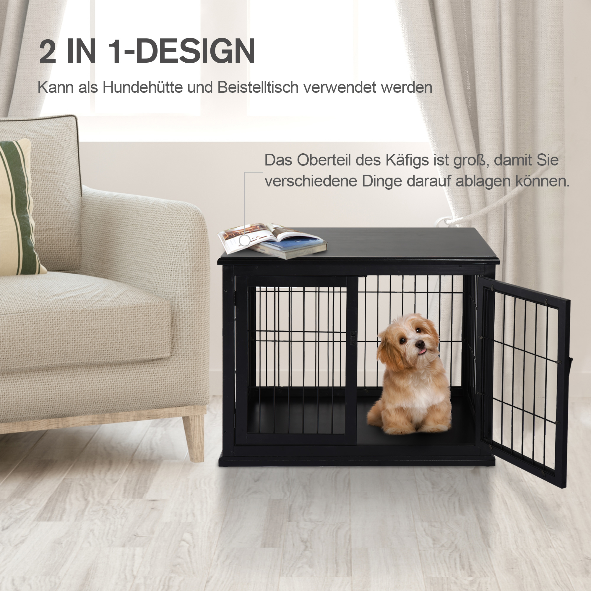 Transportbox für Hunde 58,5 cm x 81 cm x 66 cm Türen, MDF-Holz Eisen, 58, 5 cm x 81 cm x 66 cm, Schwarz