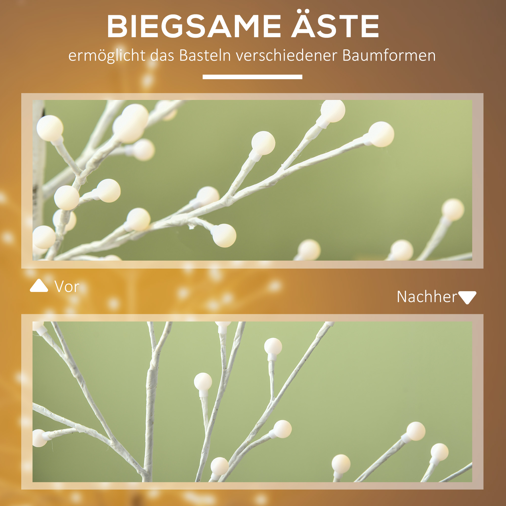 Künstliche Birke mit 120 LED-Lichtern, 3 Helligkeitsstufen, faltbare Äste, IP44, 150 cm, Weiß