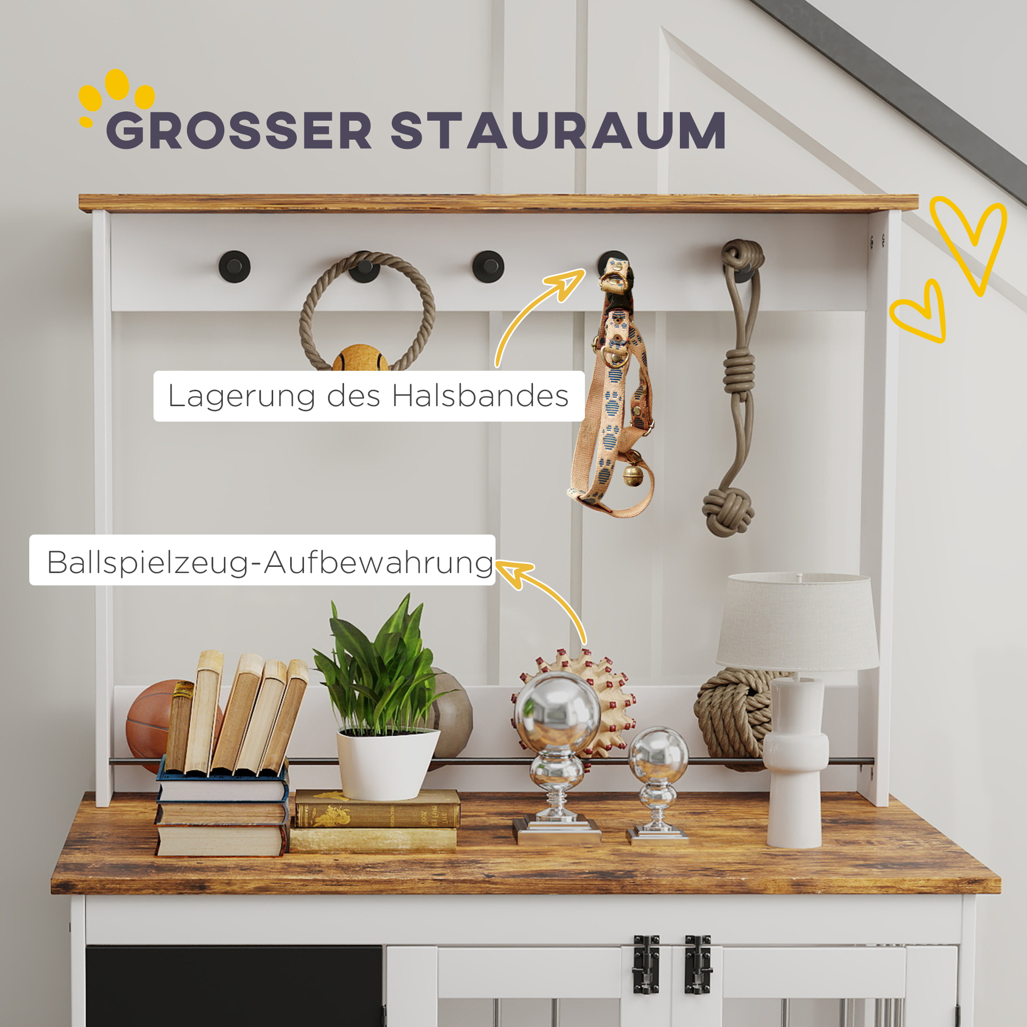 Hundebox mit Aufbewahrungsregal für Spielzeug, Haken für Leinen, Schreibtafel, Radiergummi, für große Hunde, Weiß