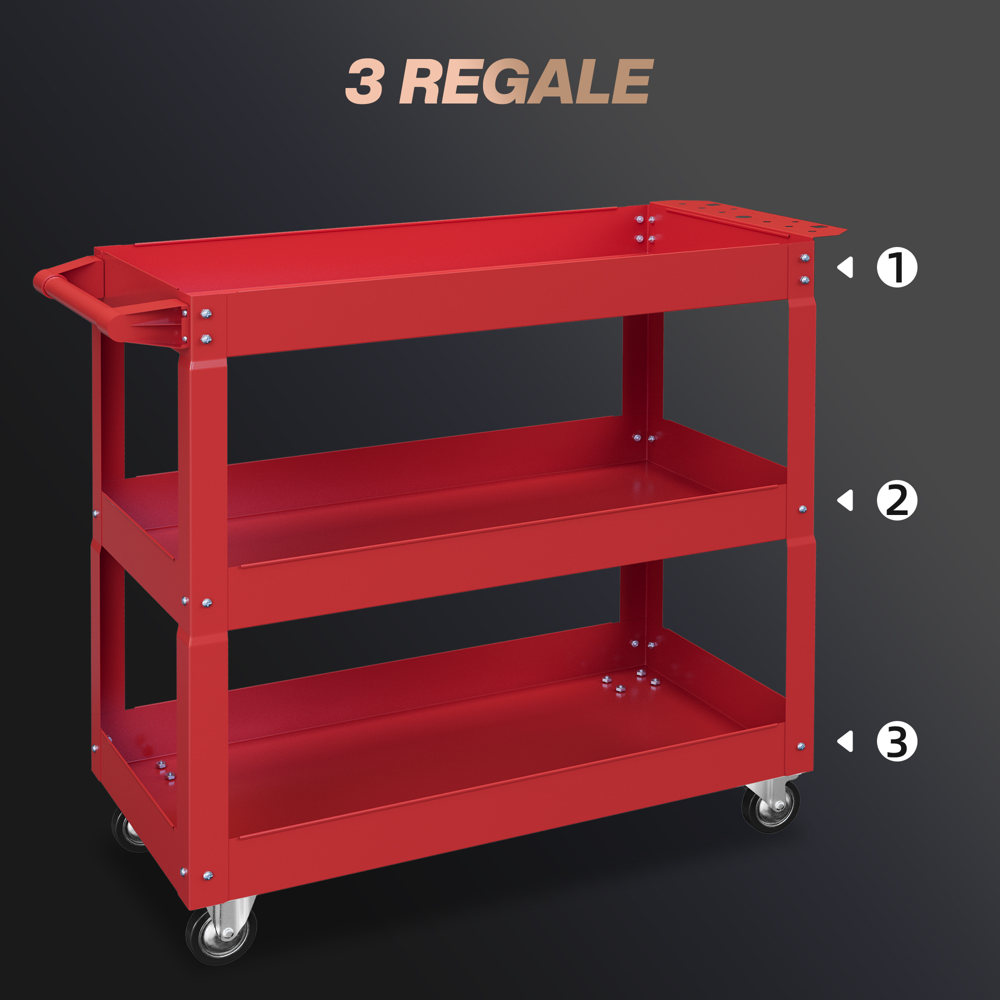 3-stufiger Werkzeugwagen, 4 Rollen, Stahl, 83B x 35,3T x 76H cm, Rot