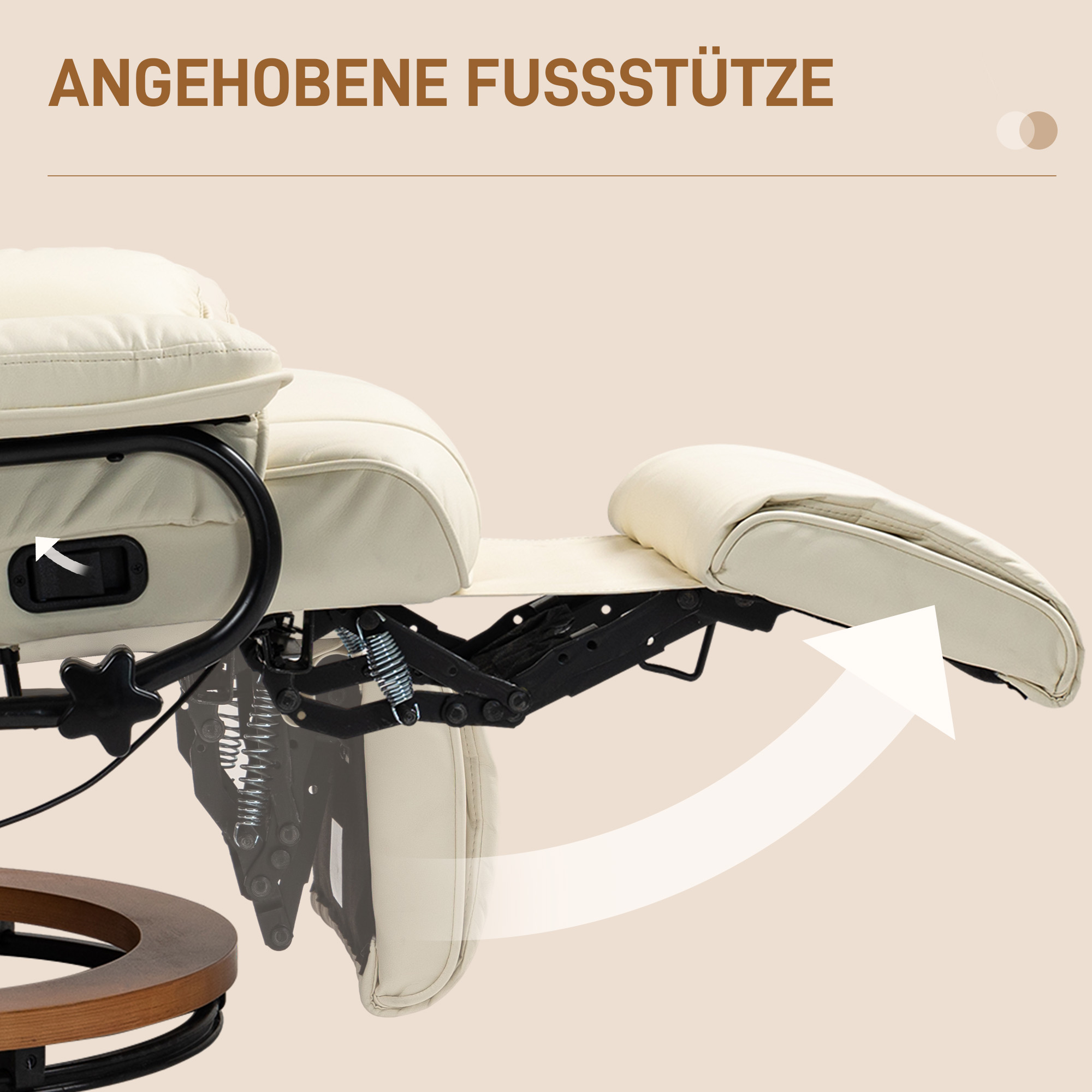 Relaxsessel mit Liegefunktion, drehbar, bis 150 kg, Kunstlederbezug, Stahlrahmen, Cremeweiß