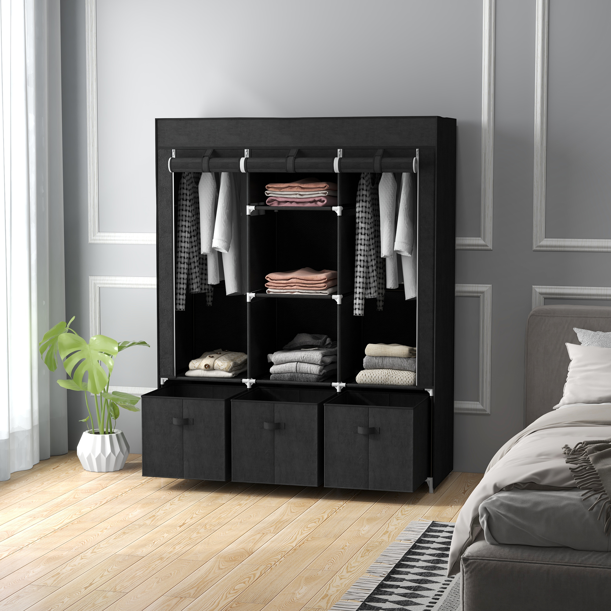 Stoffschrank aus Vlies, Faltschrank, inkl, 3 Schubladen, 125 cm x 43 cm x 162,5 cm, Schwarz