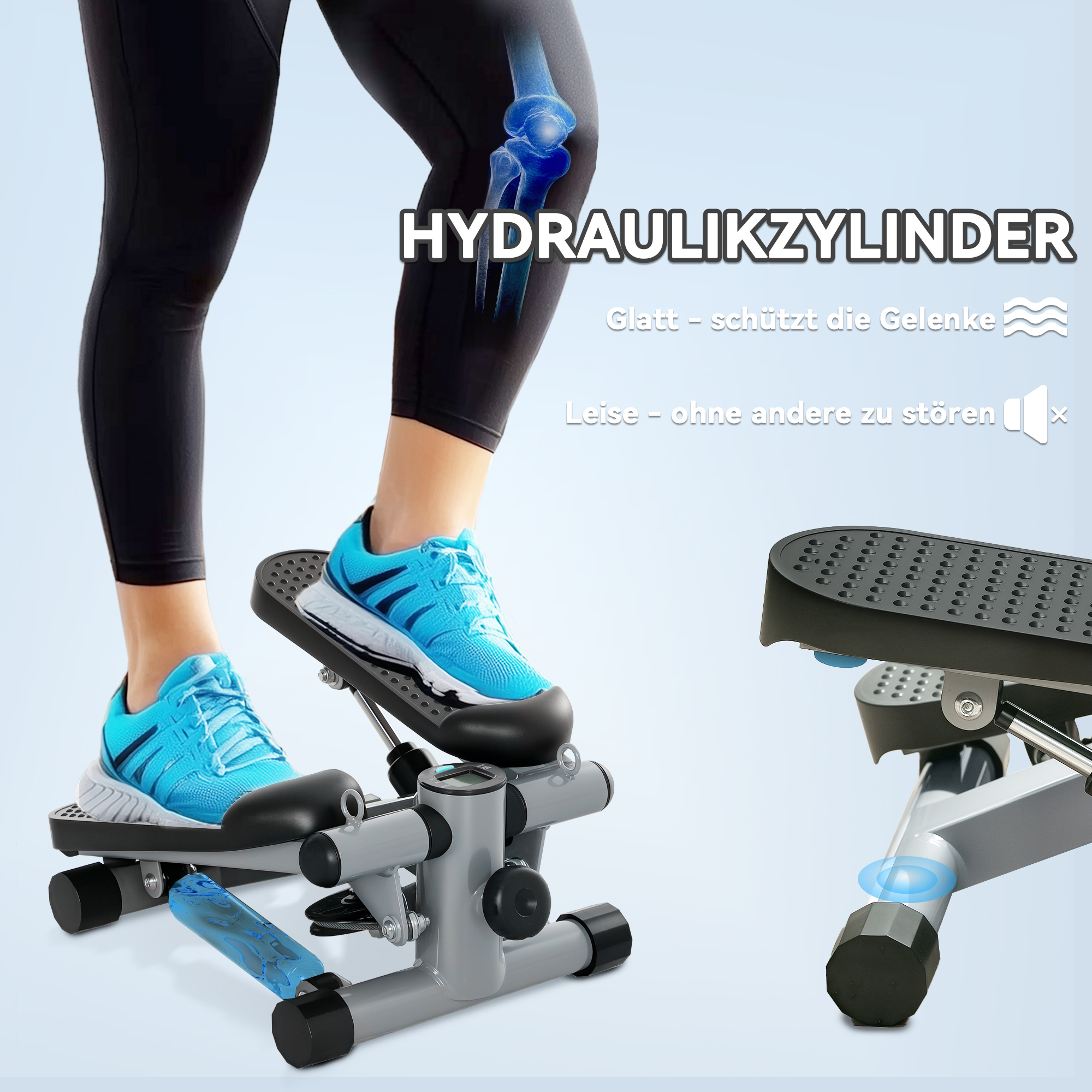 2 in 1 Mini-Stepper für Zuhause mit Power Ropes, LCD-Display Up-Down Swing Stepper 41 x 30,5 x 18,5 cm Grau