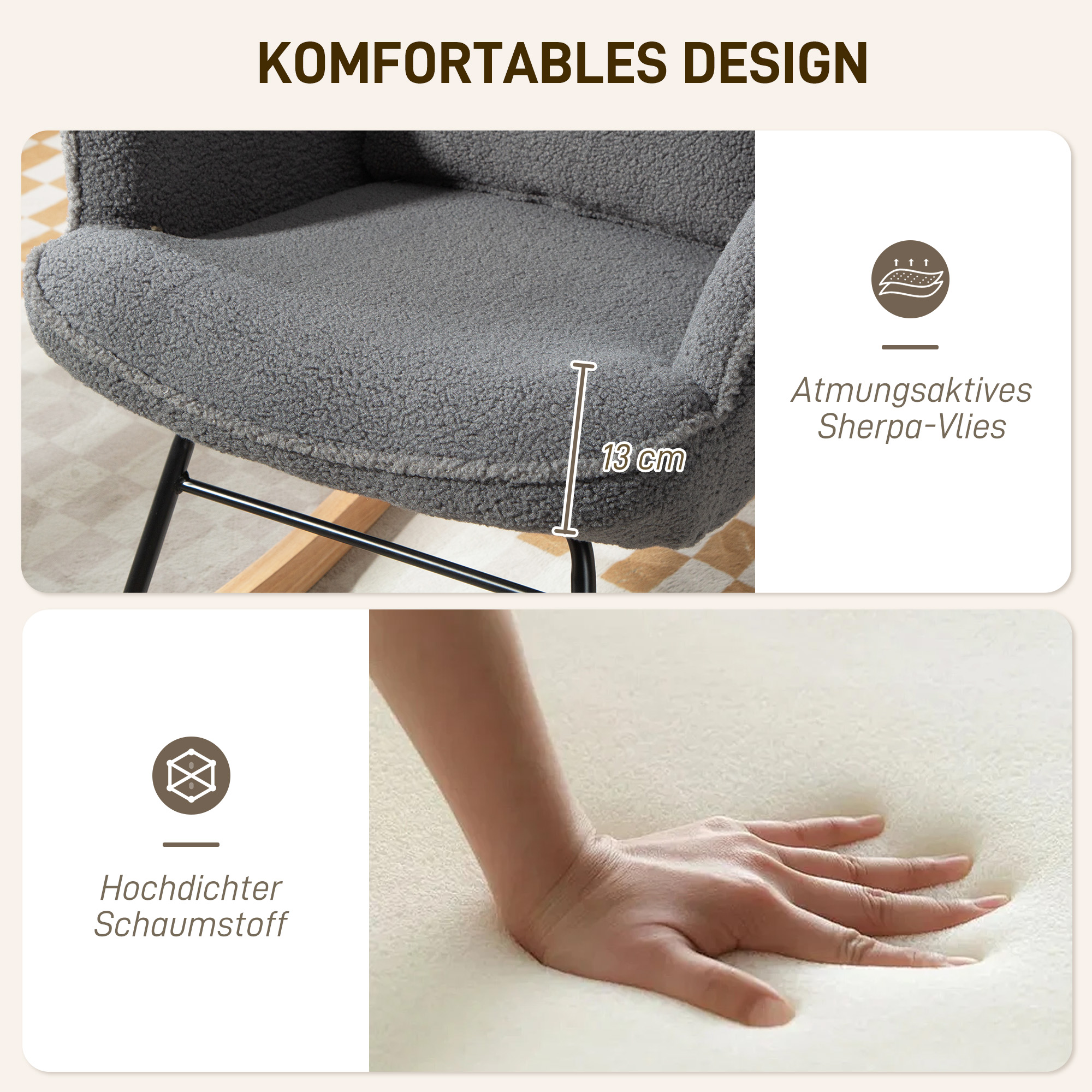 Schaukelstuhl mit Fußhocker, weicher Fleece-Bezug, Holzbeine, Kissen, hohe Rückenlehne, Schaukelsessel, Dunkelgrau