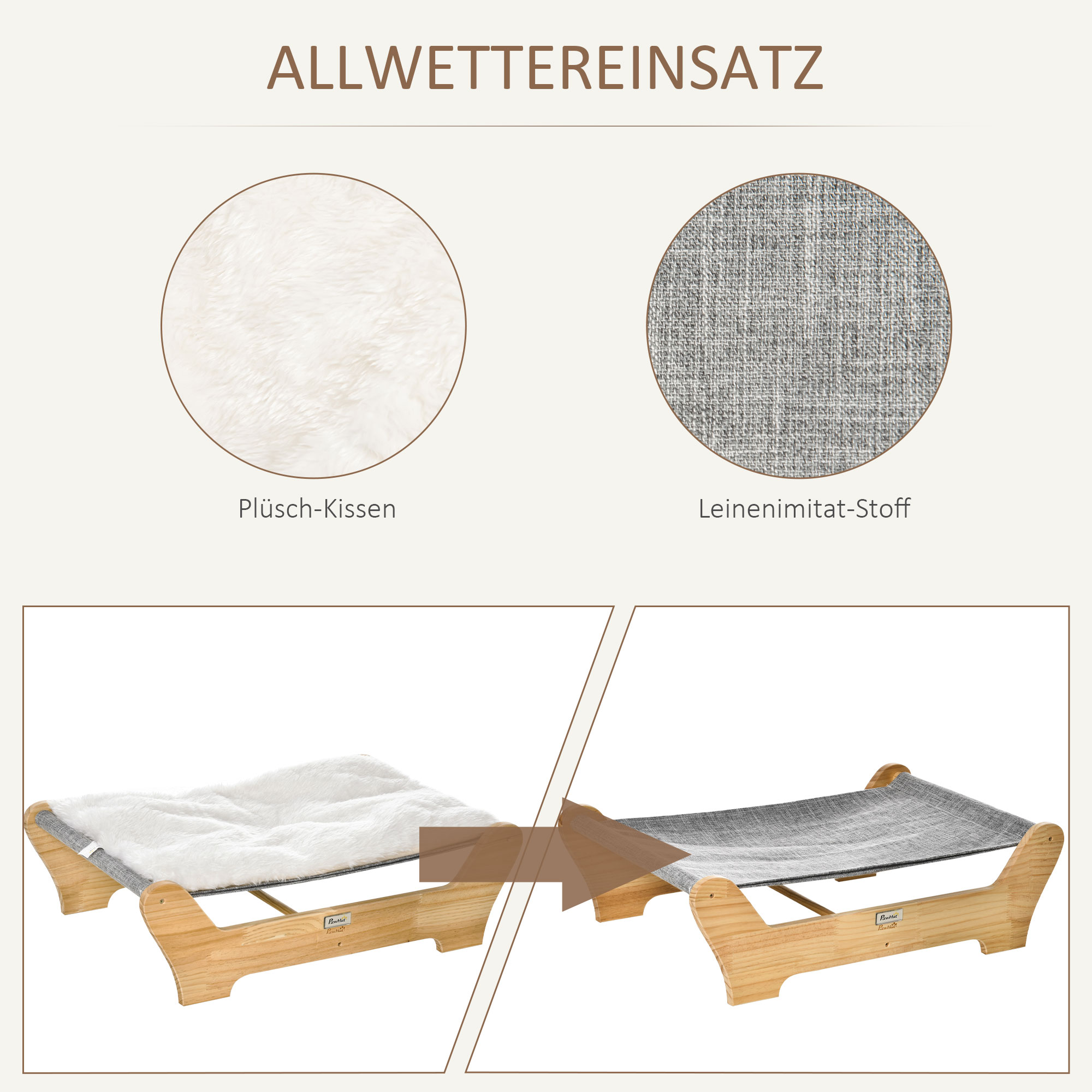 Katzenbett mit Gestell Hängematte für Katzen erhöhtes Katzennest mit weichem Kissen Kiefernholz Natur 68 x 43 x 20 cm